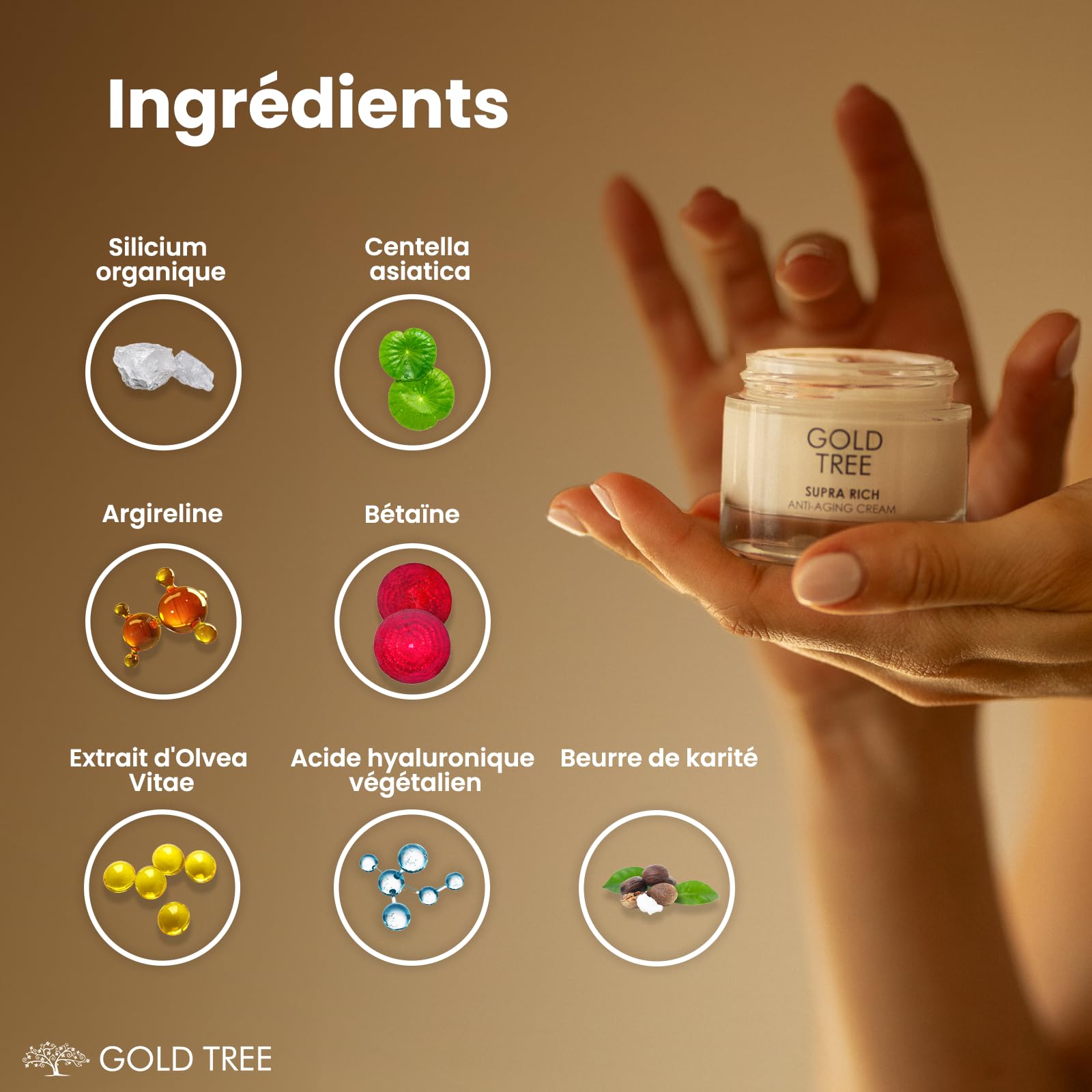 GOLD TREE Crème Anti-Âge à l'Acide Hyaluronique pour une Absorption Rapide 50 ml. Soin du Visage pour Femmes. Crème de Jour et de Nuit pour le Soin de la Peau. Crème Visage Anti-Boutons pour Femmes
