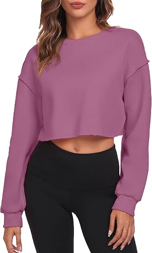 FKEEP Cropped Sweatshirts for Women Long Sleeves Crewneck Pullover Crop Tops Ove