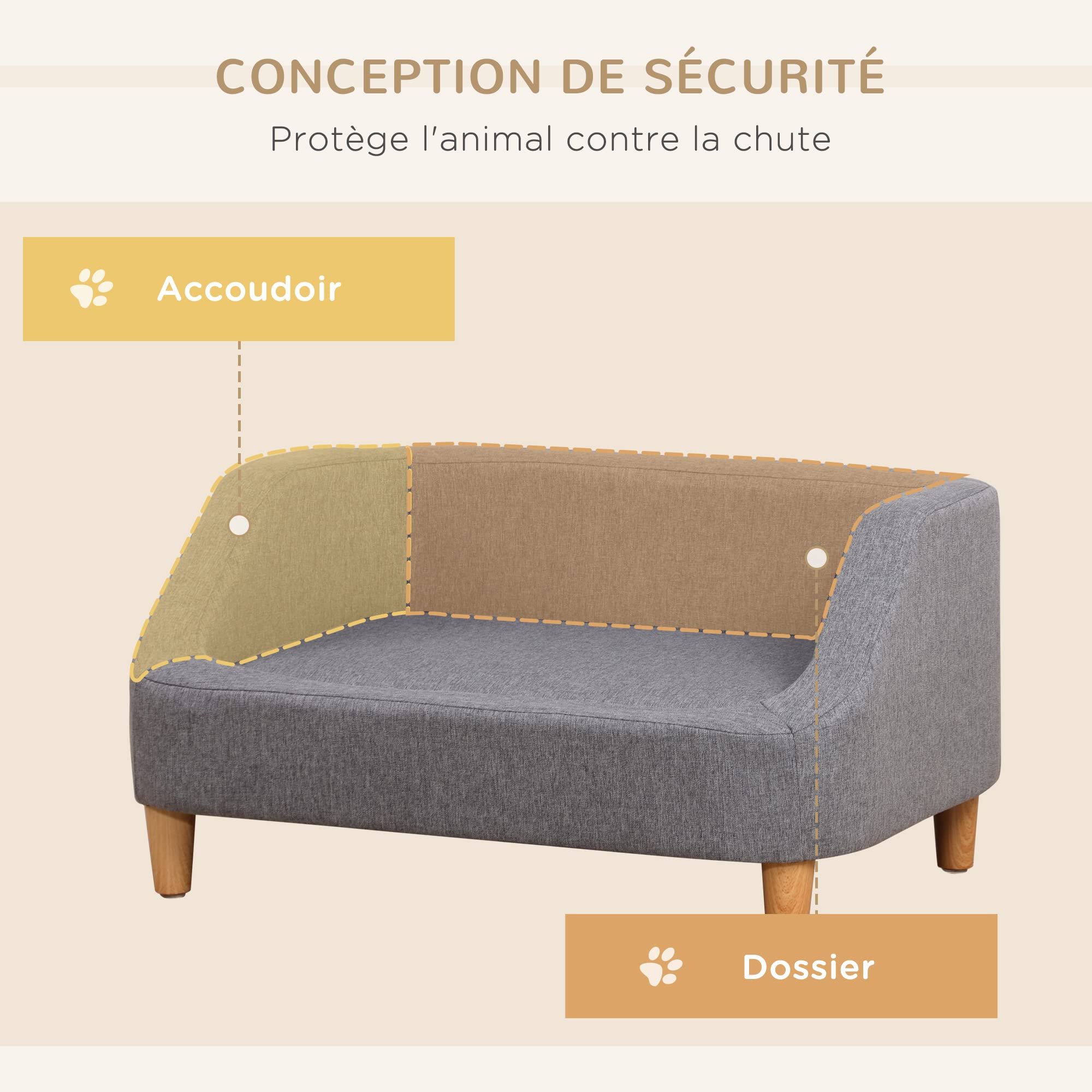 PawHut Canapé pour Chien lit pour Chien Animal Domestique Style scandinave Pieds en Bois revêtement Tissu déhoussable 75 x 55 x 39 cm - Gris