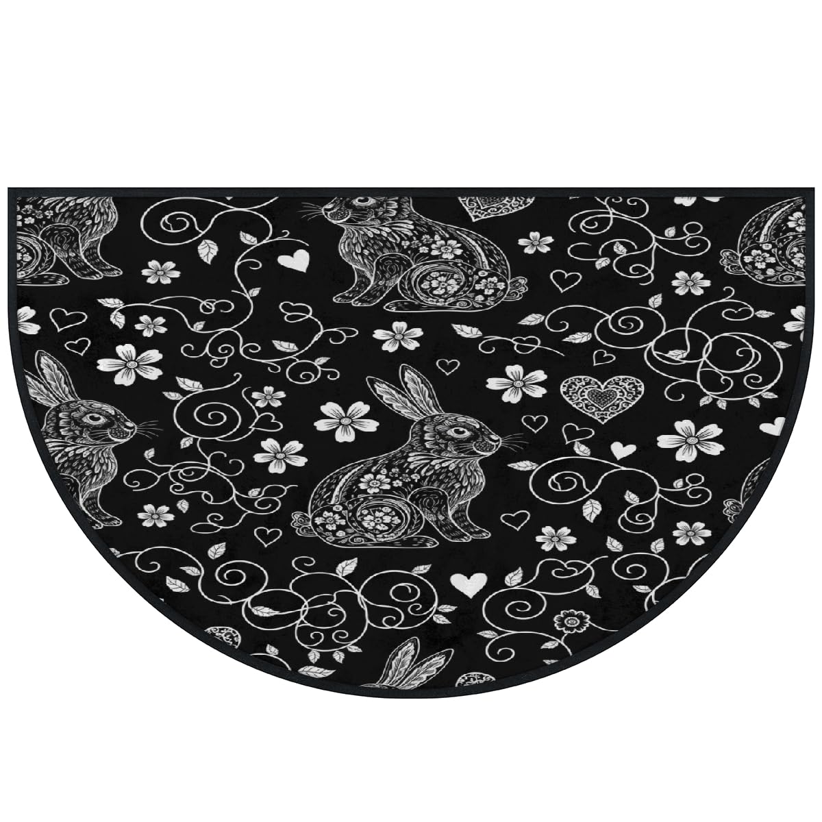 Große halbrunde Fußmatte – schwarz-weiße Hasen-Blumen, waschbar, rutschfest, halbrund, Eingangsbereich, Teppich, niedlich, weich, halbrund, saugfähig, Teppich für Küche, Badezimmer
