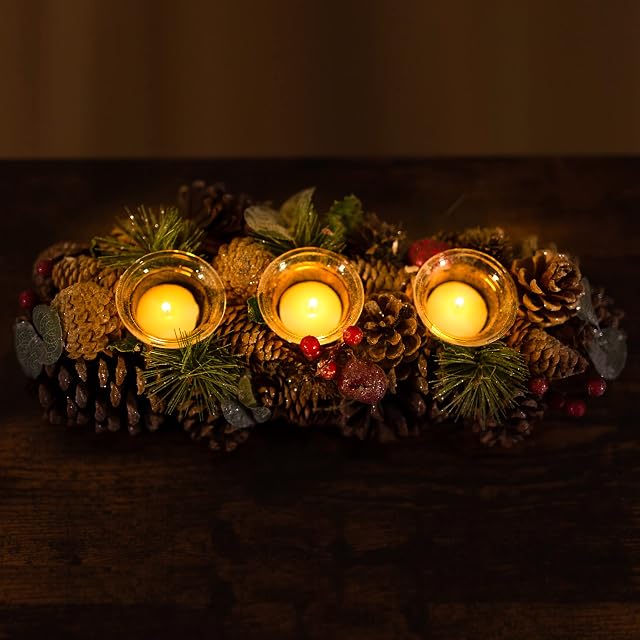 Marco Paul Christmas Cone & Berry Triple Tea Light Holder Festive Candle Holder Traditional Rustic Candle Holder Tea Light Votive Pine Cone Display Ornament Centrepiece Gift Indoor Lighting Home Decor
