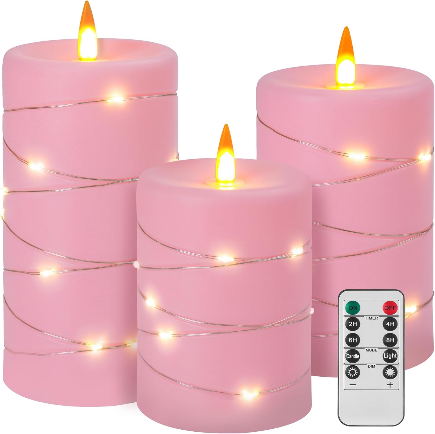 Rose Pink Flameless Candles with String Lights Battery Operated Flickering LED Pillar Candles 4‘’ 5‘’ 6‘’ Candle with Remote Control, Set of 3 Rose Pink-3 Pack