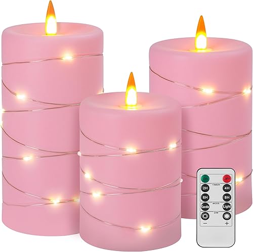 Miniatura 9 de Velas rojas sin llama con tira de luces, funciona con pilas, velas LED de pilar de 4, 5, 6 pulgadas, con control remoto, juego de 3 velas falsas