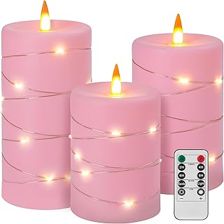 Rose Pink Flameless Candles with String Lights Battery Operated Flickeri...