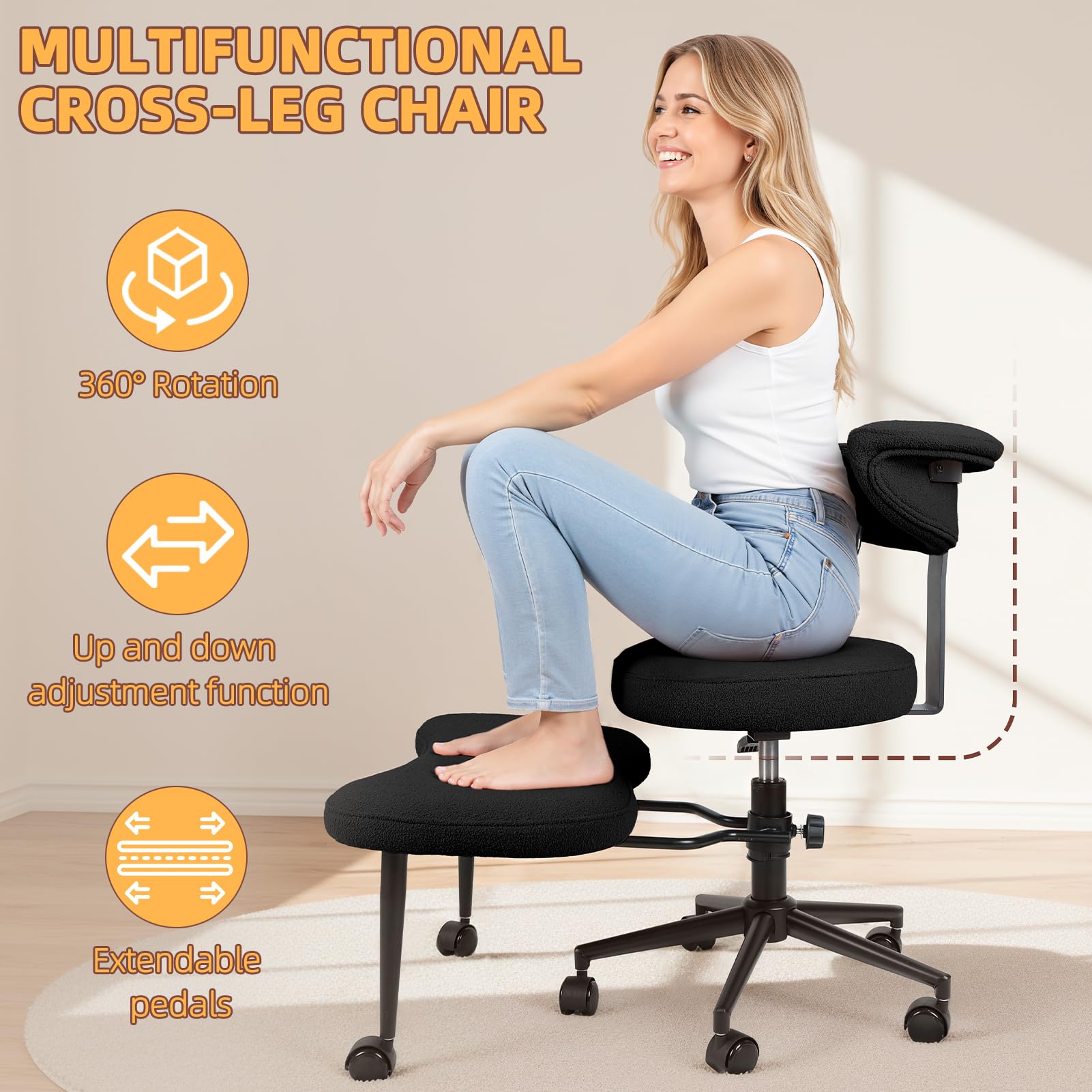 Meditationsstuhl mit Kreuzsitz-Design, fahrbarer Bürostuhl für Erwachsene mit ADHS, höhenverstellbare Lordosenstütze, Schwarz-C
