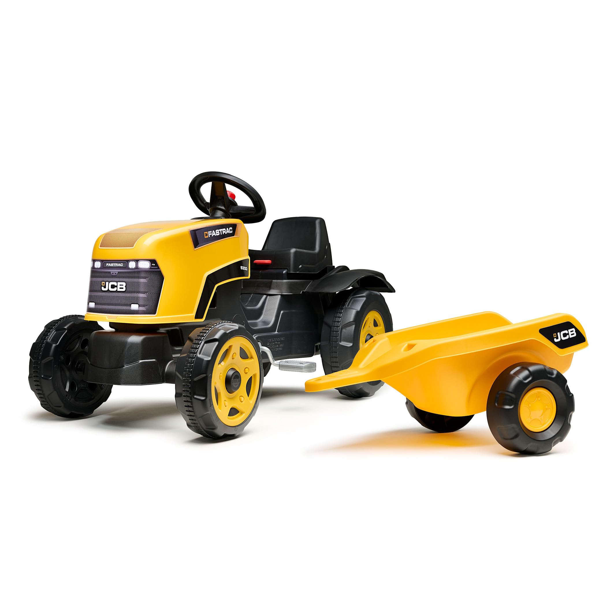 Falk JCB Traktor mit Pedalen für Kinder, mit Anhänger, ab 2 Jahren | Haube zum Öffnen und verstellbarer Sitz