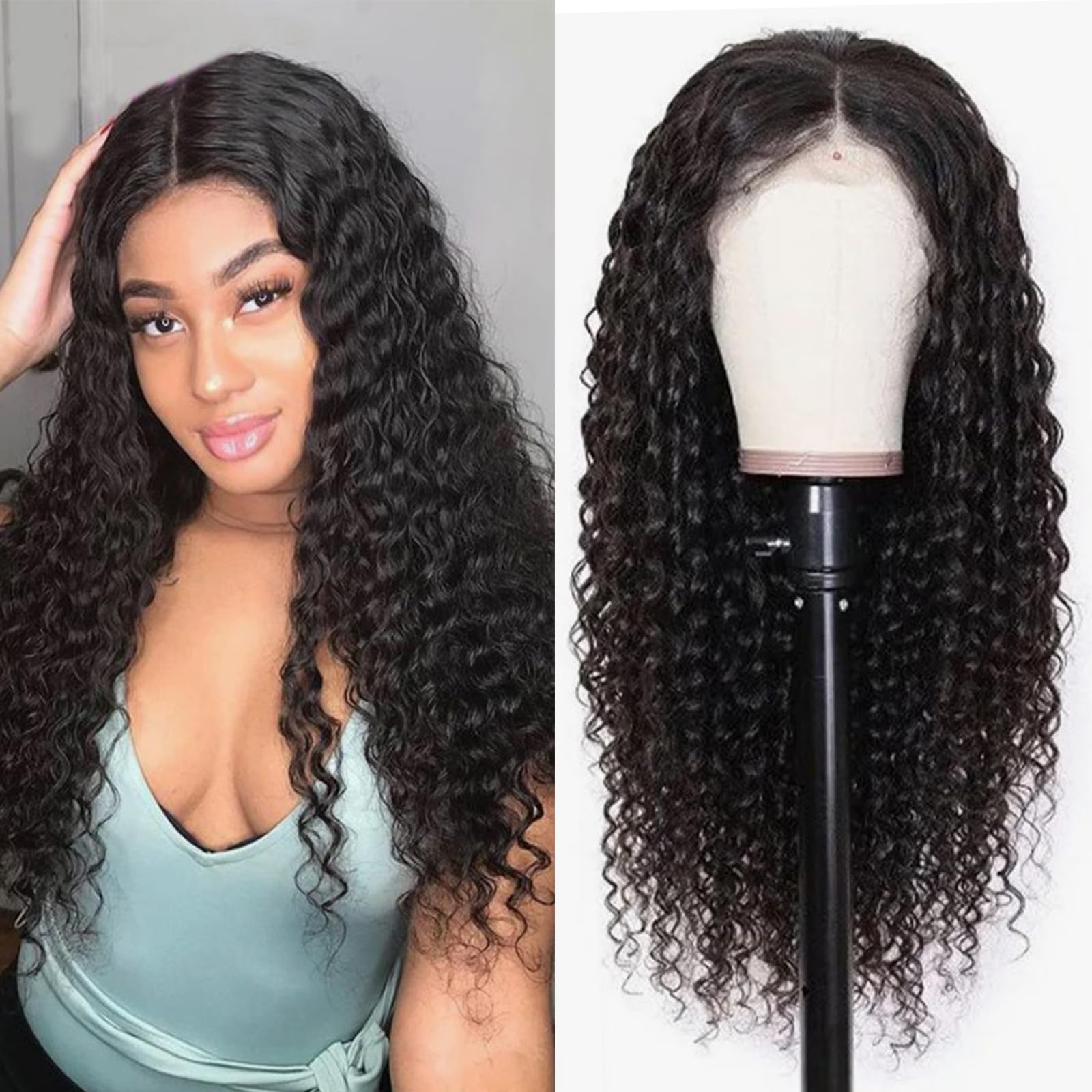 Black Long Curly Lace Front Wigs Women Glueless Pre Plucked Wavy Synthetic Density Deep Wave Loose Hairline Natural Looking Crimps Lace Wigs