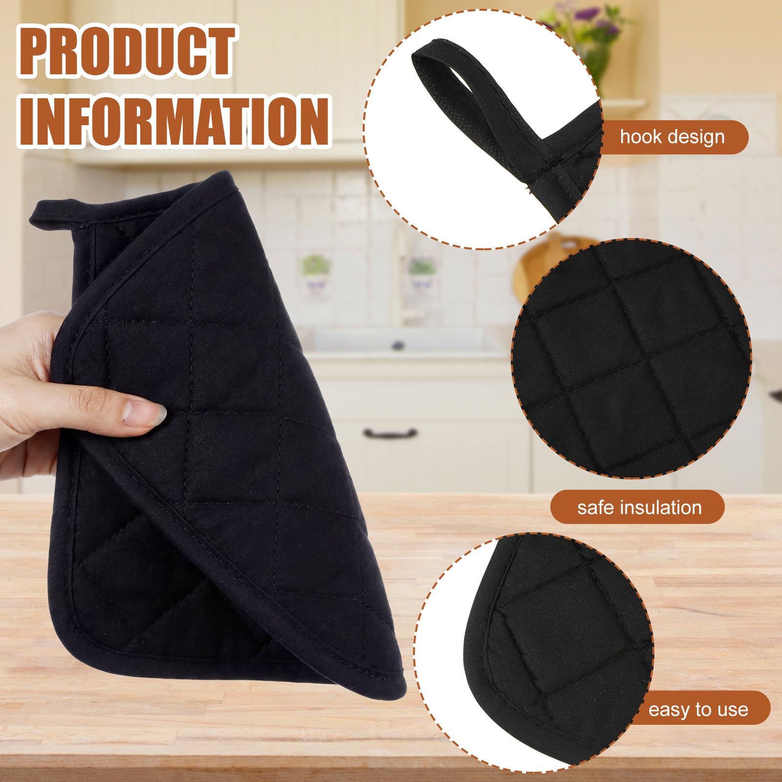 Uiifan Topflappen aus Baumwolle für die Küche, waschbar, hitzebeständig, für den Ofen zum Kochen und Backen, 20 x 20 x 0,5 cm, Schwarz, 30 Stück