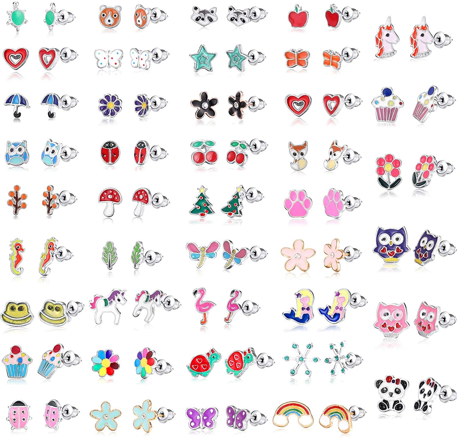 LOLIAS 42 Pares de Pendientes lindos de Acero Inoxidable para Niños y Mujeres, Aretes de Animales Flor Fruta Perlas Set Regalos s Hipoalergénicos Pequeños Pendientes