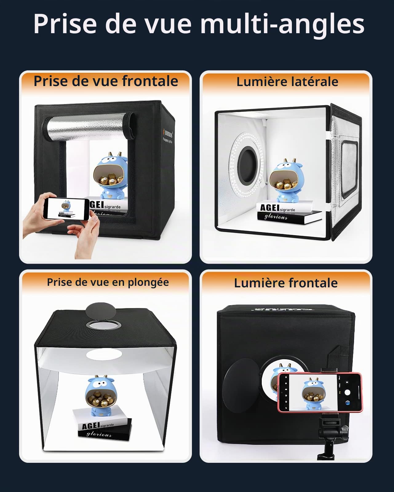DUCLUS Boîte Photo pour Photographie, boîte Photo de 30 cm pour Photographie de Produit, Mini Studio Photo Pliable avec 120 LED à intensité Variable, 8 Fonds Lisses pour Tente Lumineuse pour Bijoux