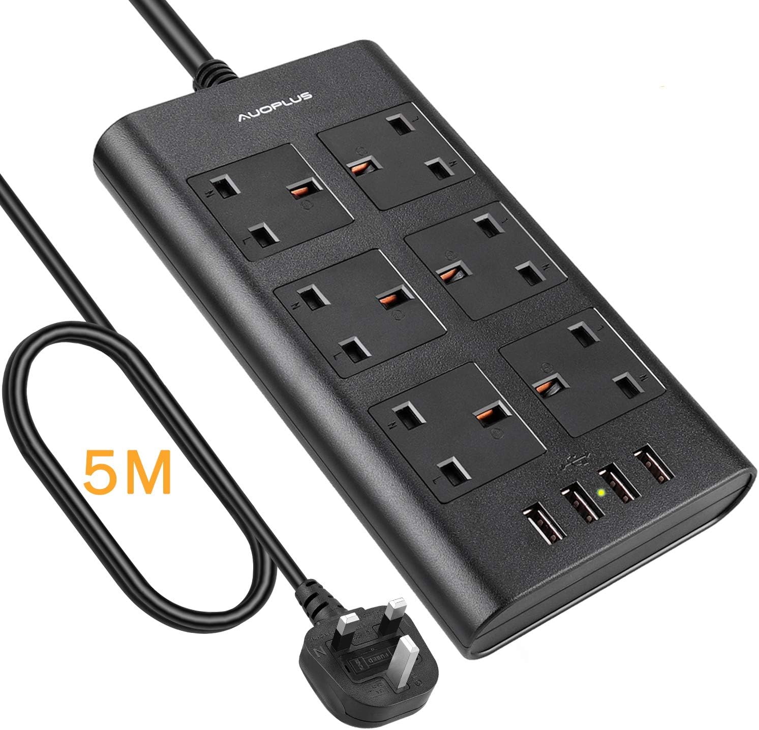 6 Way Extension Lead 5M, AUOPLUS Multi Plug Extension Lead with USB Solts, Overload Protection Power Strip, Black Extension Socket for TV PC Laptops iPhones Tablets