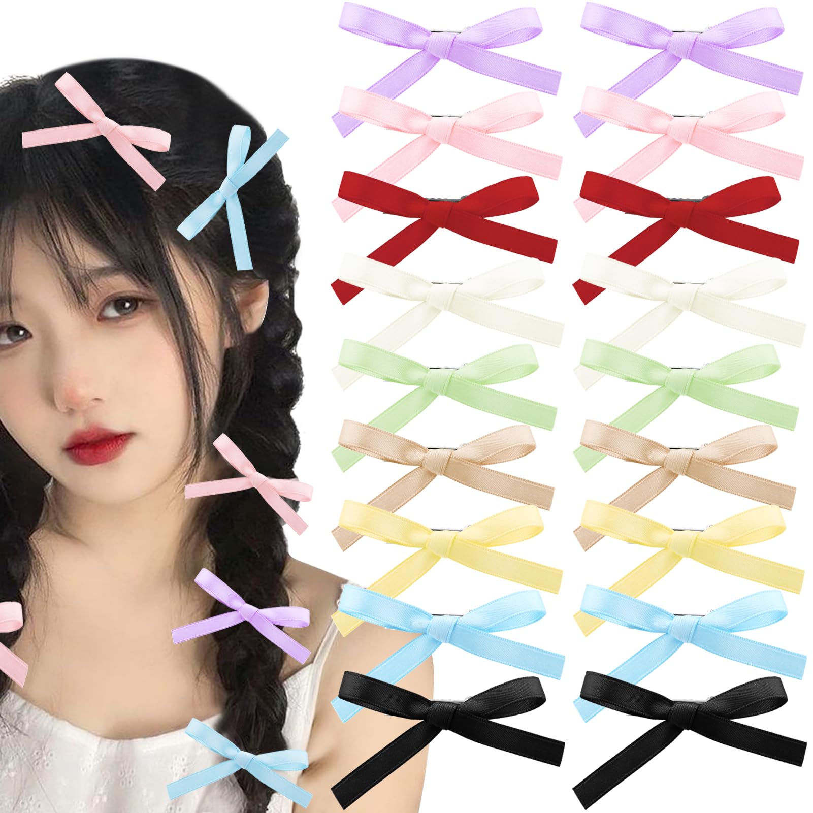 Zkptops18Pcs Black Bow Hair Clips for Women Girls Baby Kids Teens Toddler Silky Satin Bowknot Hair Accessory Small Mini Tiny Cute Blue Pink Purple Brown Red Colored Soft Metal Barrette Hairpin