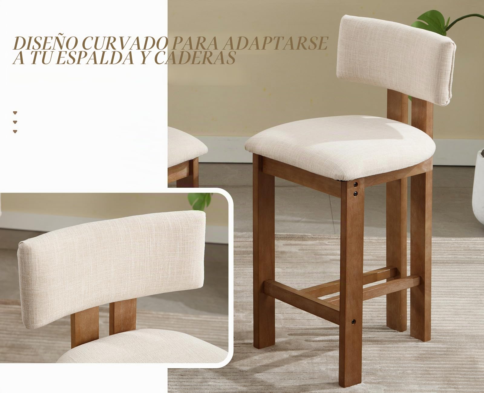 chairus Juego de 2 Taburetes de Bar de Madera con Asiento de Lino, Beige | Patas de Madera, Respaldo Curvo, Cojín Grueso, Sin Brazos Para Isla de Cocina