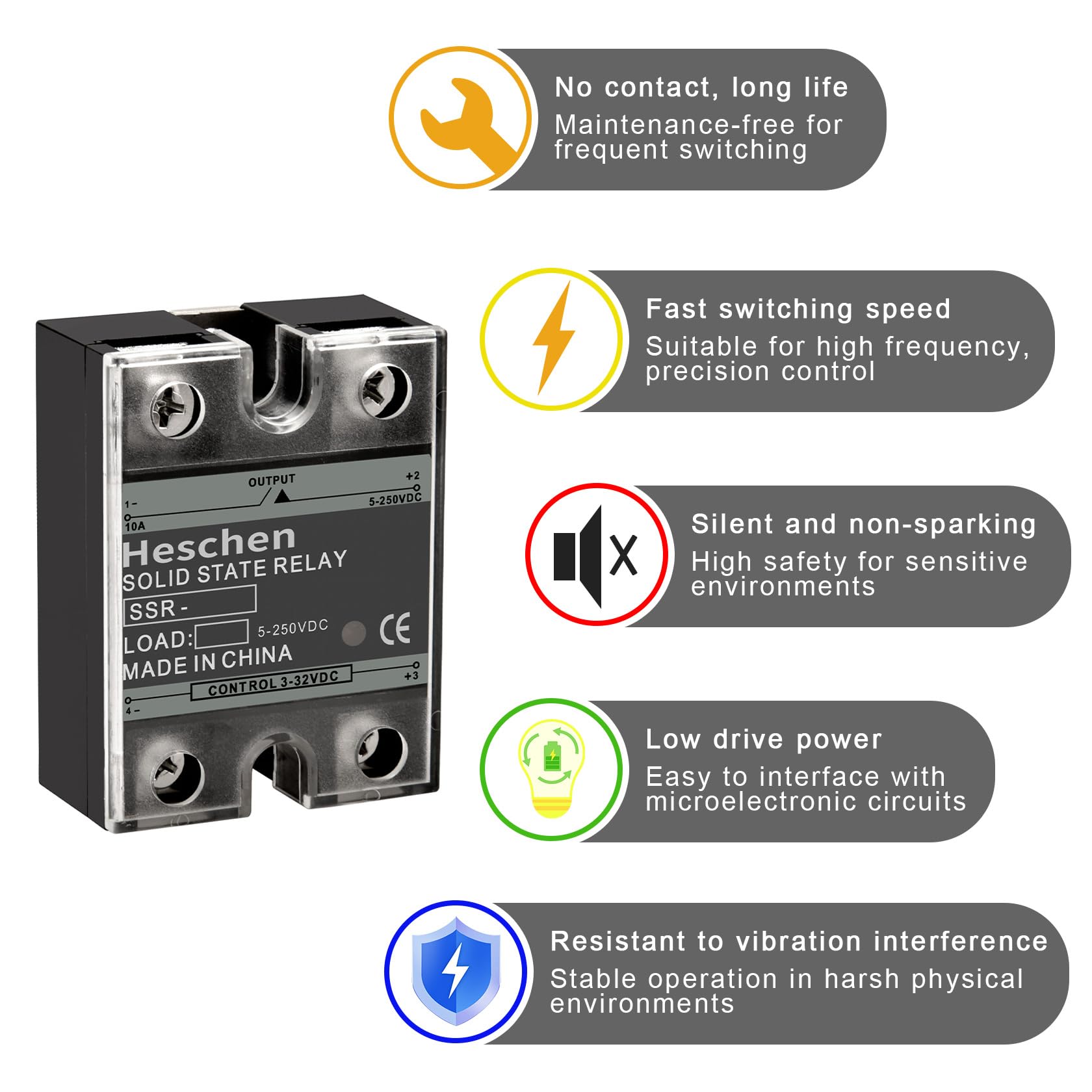 Heschen Einphasiges DC/DC Halbleiterrelais, SSR-40DD, Eingang 4-32VDC, Ausgang 24-220VDC, 40A 50-60Hz (10)