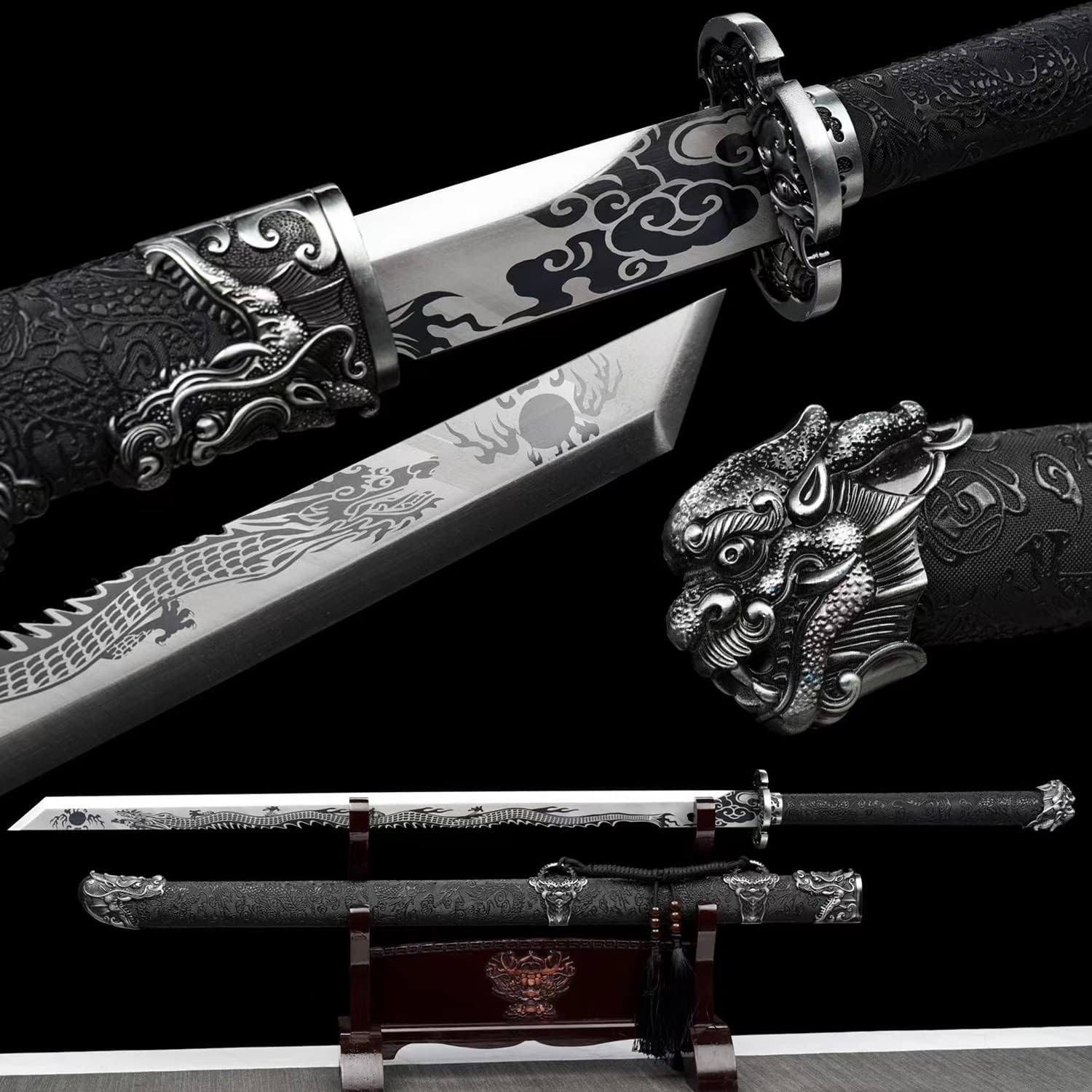 Fulll Tang High Manganese Steel Engraved Loong Dragon Blade Hand Made Black Leather Chinese Tang Sword