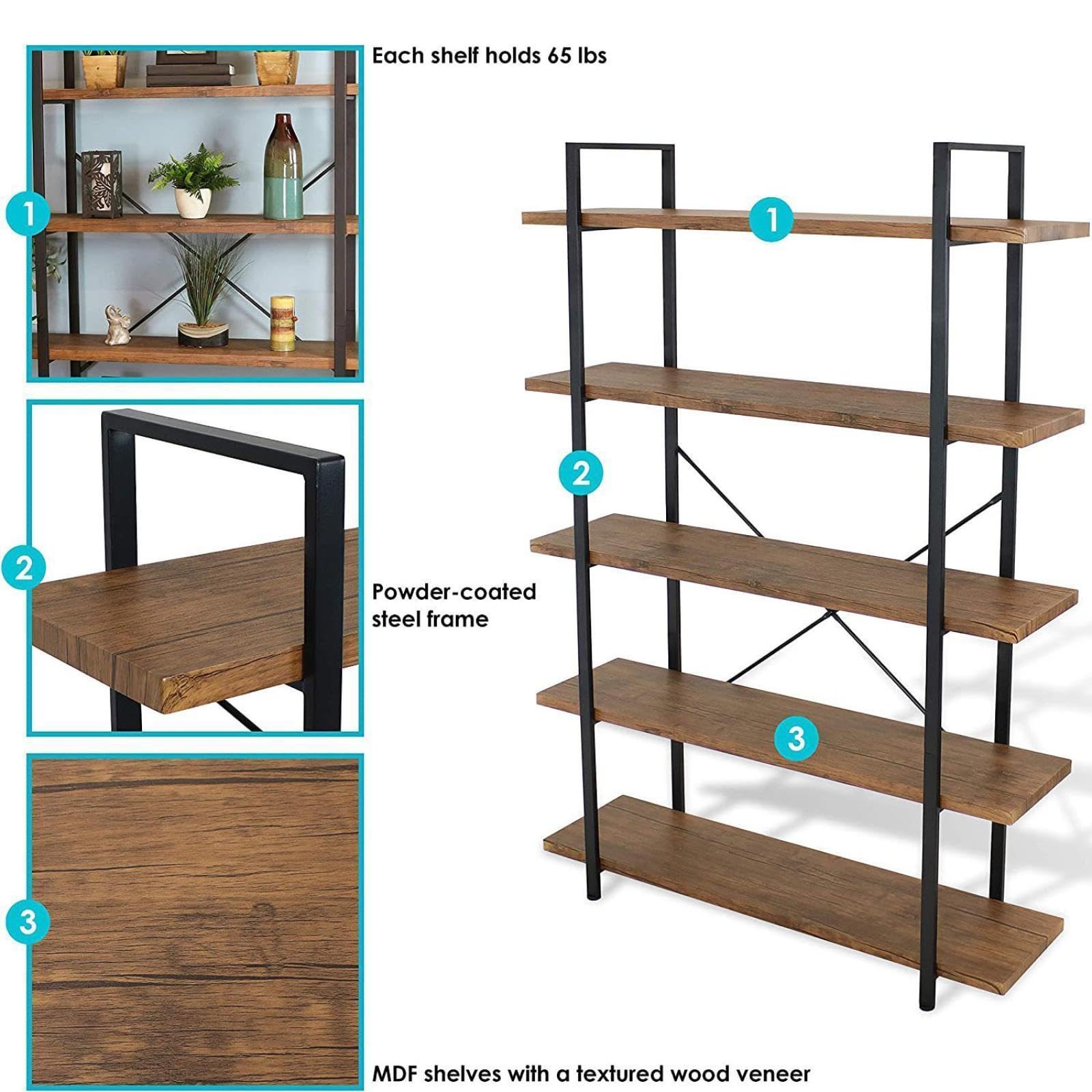 Scaffalature Alte a 5 Livelli, Scaffalature per Stoccaggio in Legno E Metallo, Scaffalature Multiuso dal Pavimento al Soffitto a più Livelli, Ampio Scaffale Espositivo Aperto