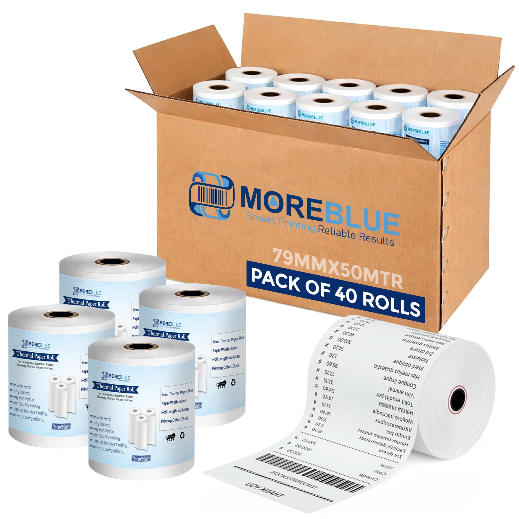 MOREBLUE® Thermal Paper Roll 3 Inch (79mm x 50 Meter, 55 GSM) | Inkless Receipt Paper for POS Machine, Billing Machine, ATM & Credit Card Swipe Machine pack 40