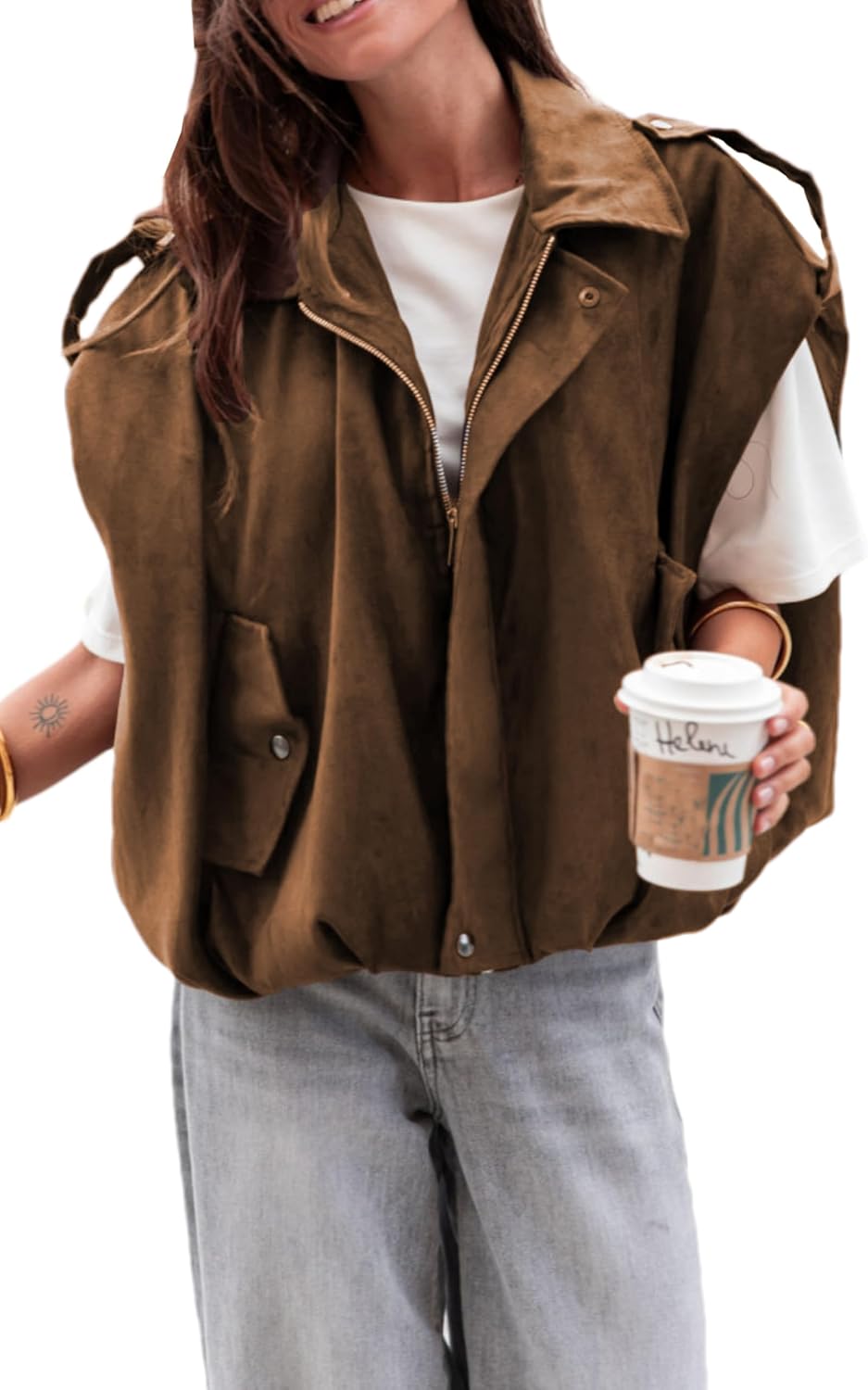 Zontroldy Womens Faux Suede Vest Cropped Bomber Jacket Casual Sleeveless Streetwear Top Vests Trendy