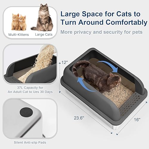 Miniatura 10 de Caja de arena cerrada de acero inoxidable para gatos con tapa, caja de arena extra grande para gatos grandes, bandeja de arena de metal XL con caja