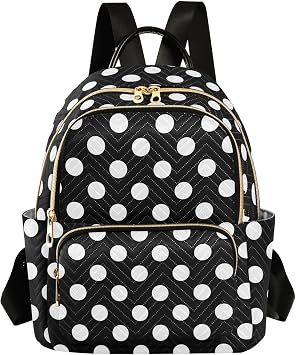 Black White Polka Dots Mini Backpack Purse for Women Small Quilted Bookbag Travel Casual Daypack Ladies Shoulder Bags for Work M