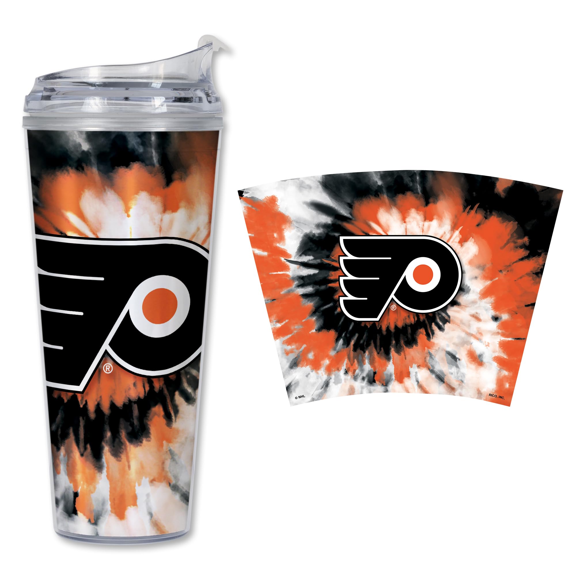 Rico Industries NHL Hockey Team Color Tie Dye 24oz Metallic Acrylic Tumbler with Hinged Lid, Officially Licensed Double Wall Tumbler with Straw