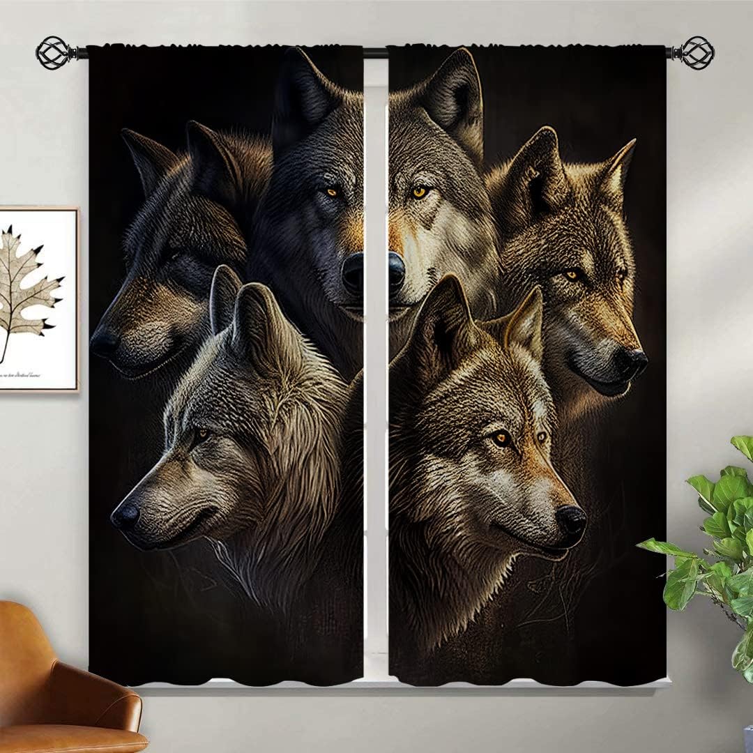 Wolf Blackout Curtains for Girls Boy Home Decor, Wild Animal Forest Funny Fantasy Rod Pocket Thermal Insulated Drapes Darkening Window Curtain for Bedroom Living Room, 42 x 45 Inch