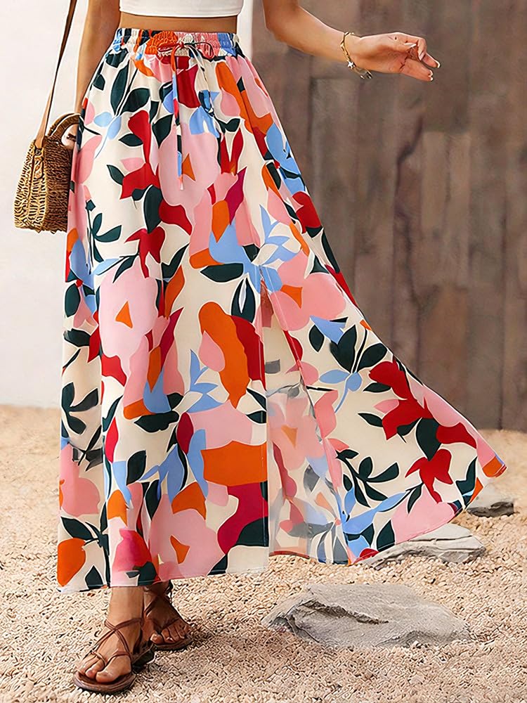 ABINGOO Jupe Longue Femme Taille Haute Elastique A-Ligne Imprimé Fleur Bohème Décontractée Plage Jupe avec Fente Latérale