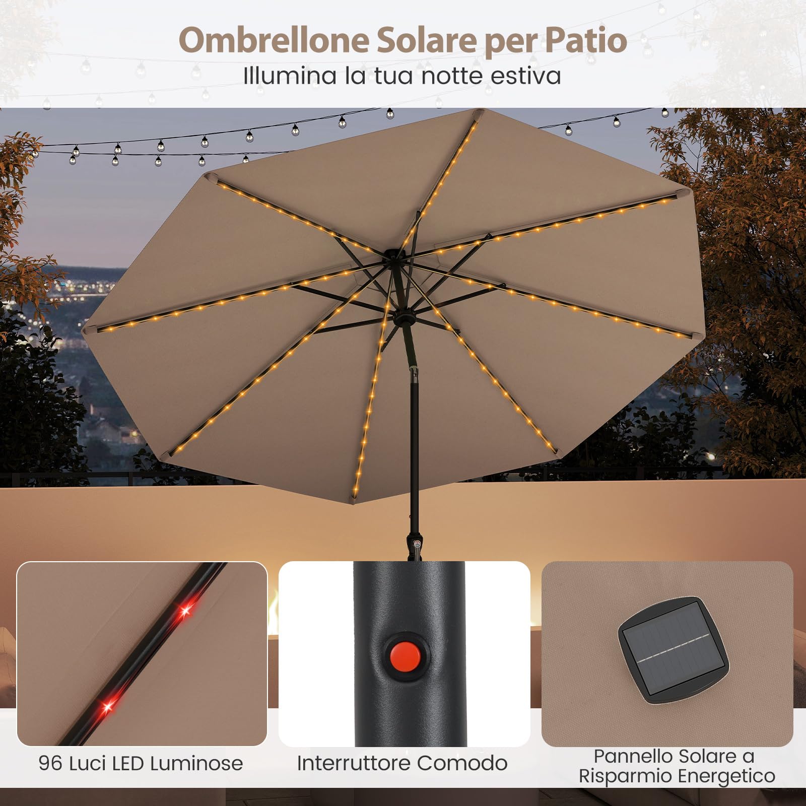 COSTWAY Ombrellone da Esterno 288 cm, con 96 Luci LED, Ombrellone Giardino con Inclinazione Regolabile, Manovella, 8 Stecche e Top Ventilato, Parasole da Mercato per Giardino Spiaggia (Marrone)