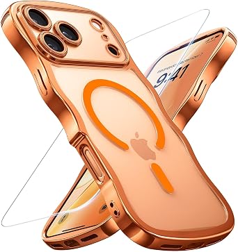 for iPhone 17 Pro Max Case [Cute Wave Frame][Fit for MagSafe] Military Drop Shockproof Protection, Camera Protective Glossy Slim Magnetic Wavy Phone Cover for Women Girls 6.9, Clear/Orange