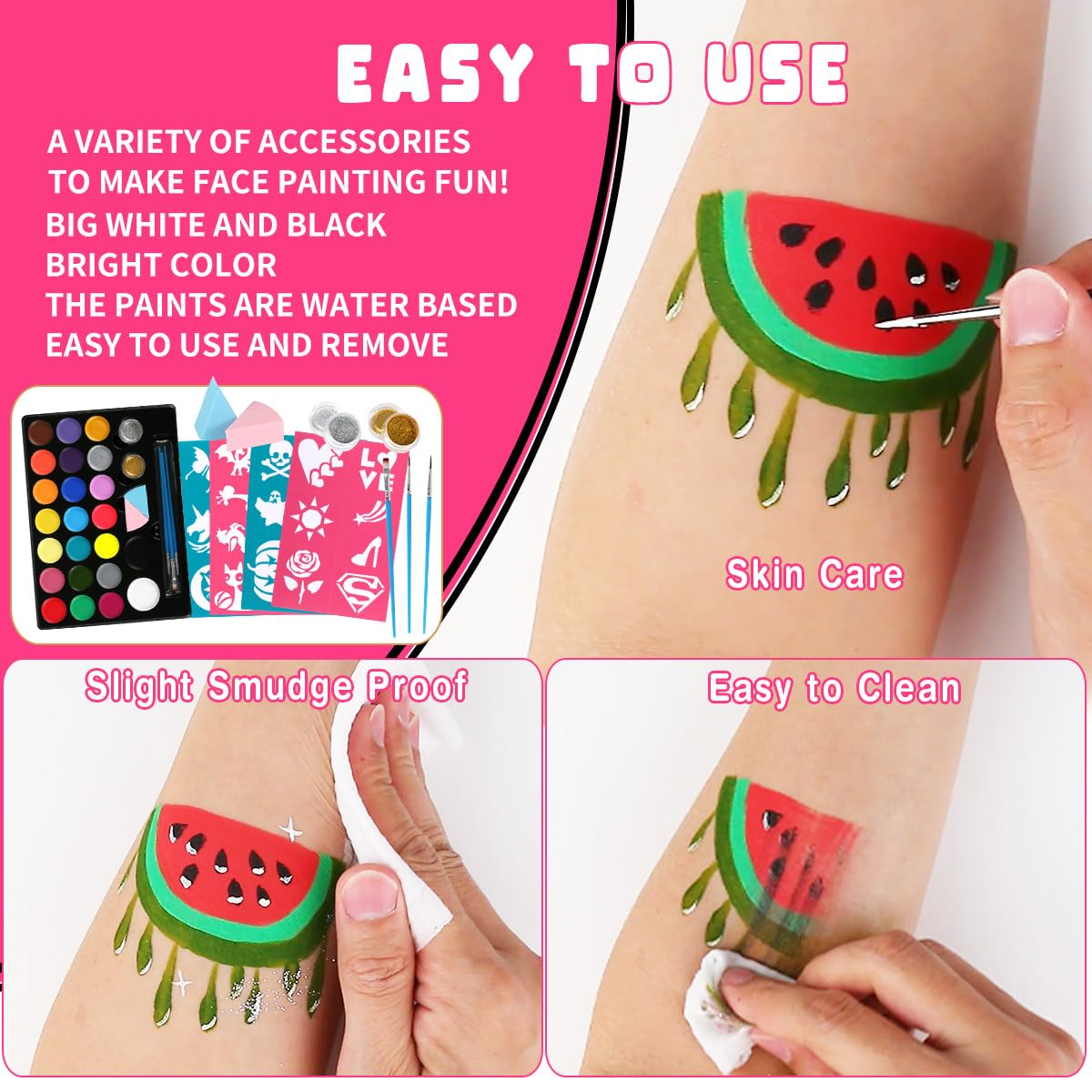 Bowitzki Face Painting Kit for Kids 23 Colors Water Based Face Paint Kit Non Toxic Professional with Stencils Brushes for Parties Birthdays Halloween Christmas Body Makeup - Image 4