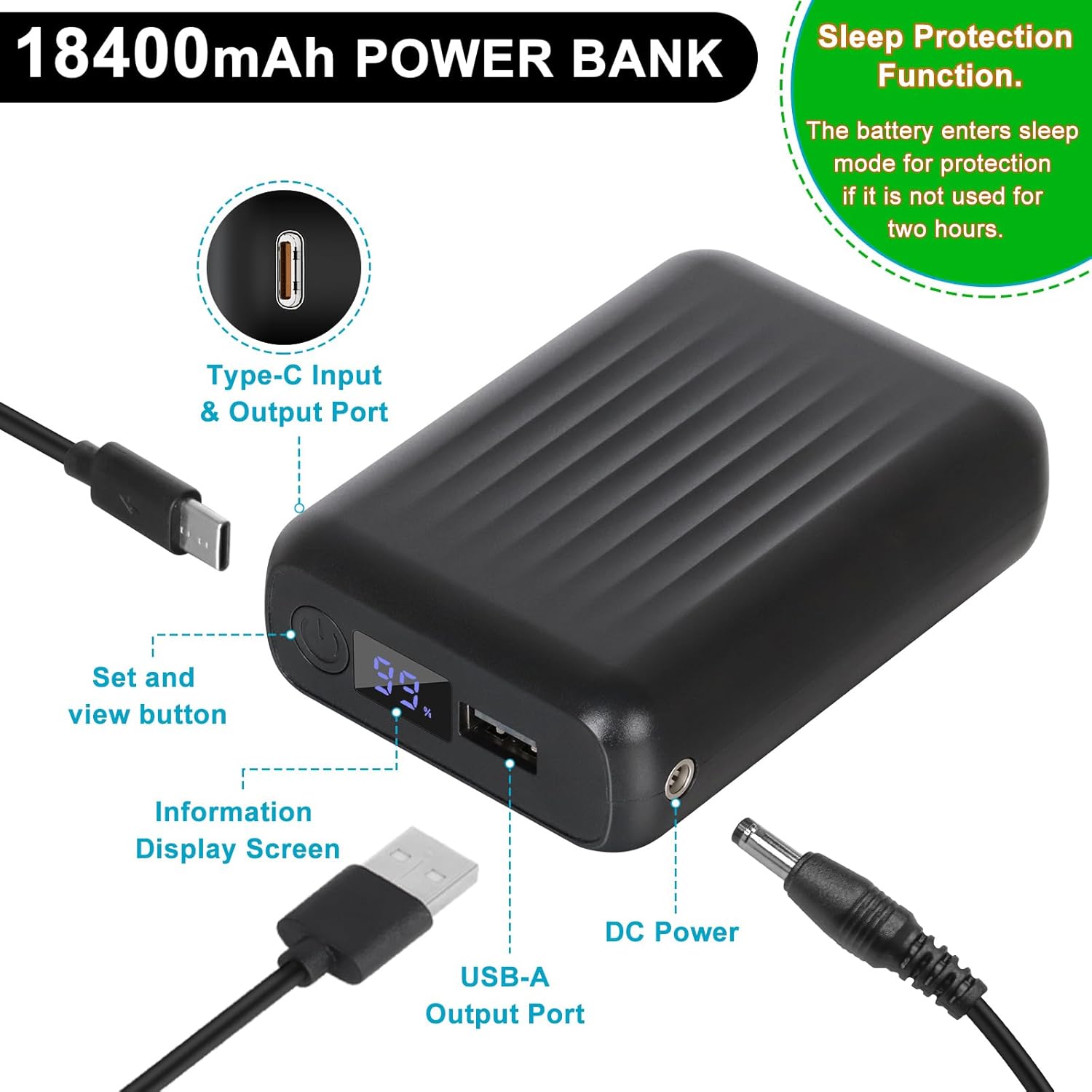 7.4V / 9V /12V / 5V Heated Vest Battery Pack, BIAL 𝗔𝗱𝗷𝘂𝘀𝘁𝗮𝗯𝗹𝗲 𝗩𝗼𝗹𝘁𝗮𝗴𝗲 & High Capacity 18400mAh Rechareable Power Bank for Heated Vests, Jackets, Hoodies -1 PCS - Image 5