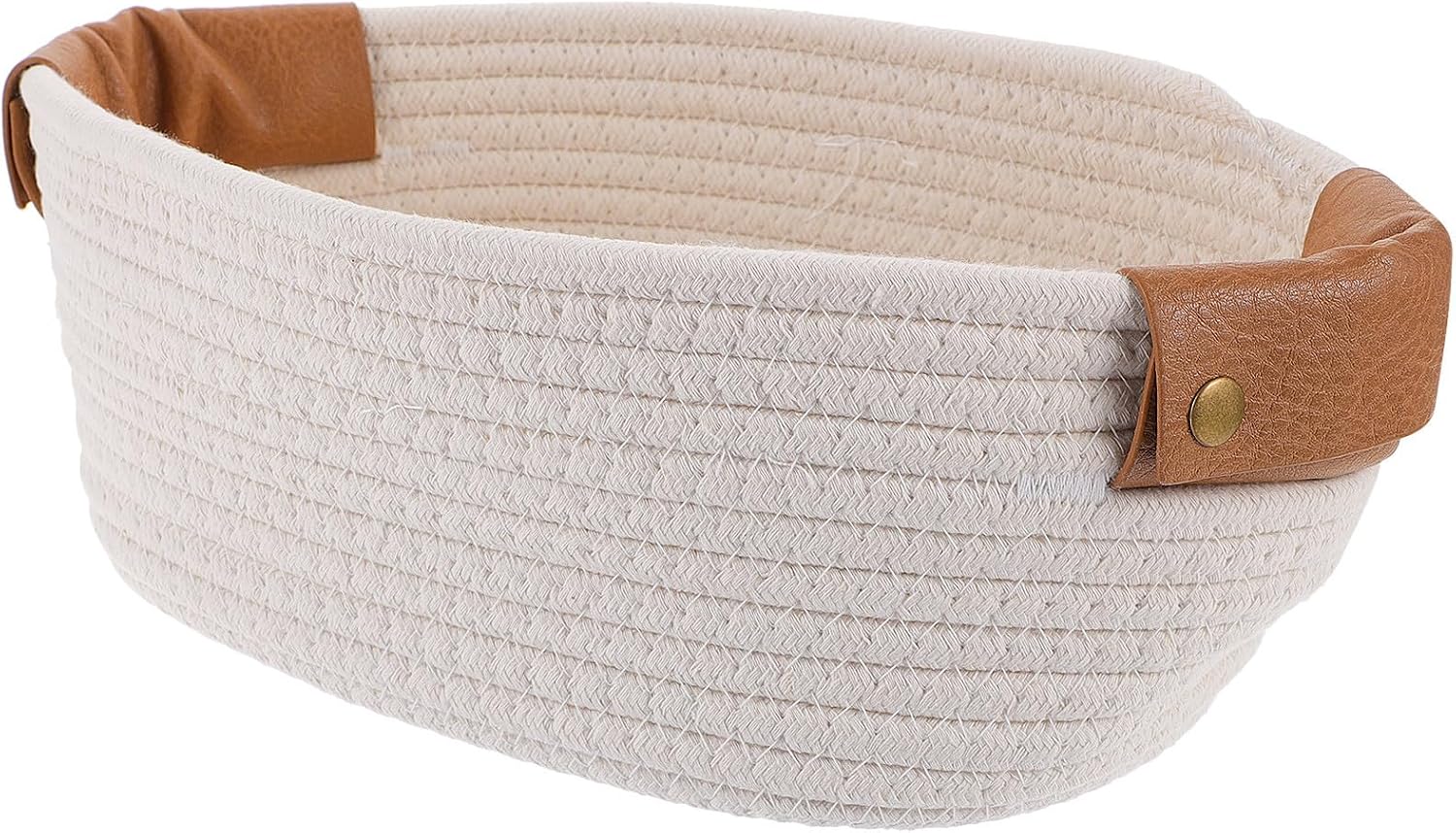 Small Woven Storage Basket with Leather Handle Cotton Rope White