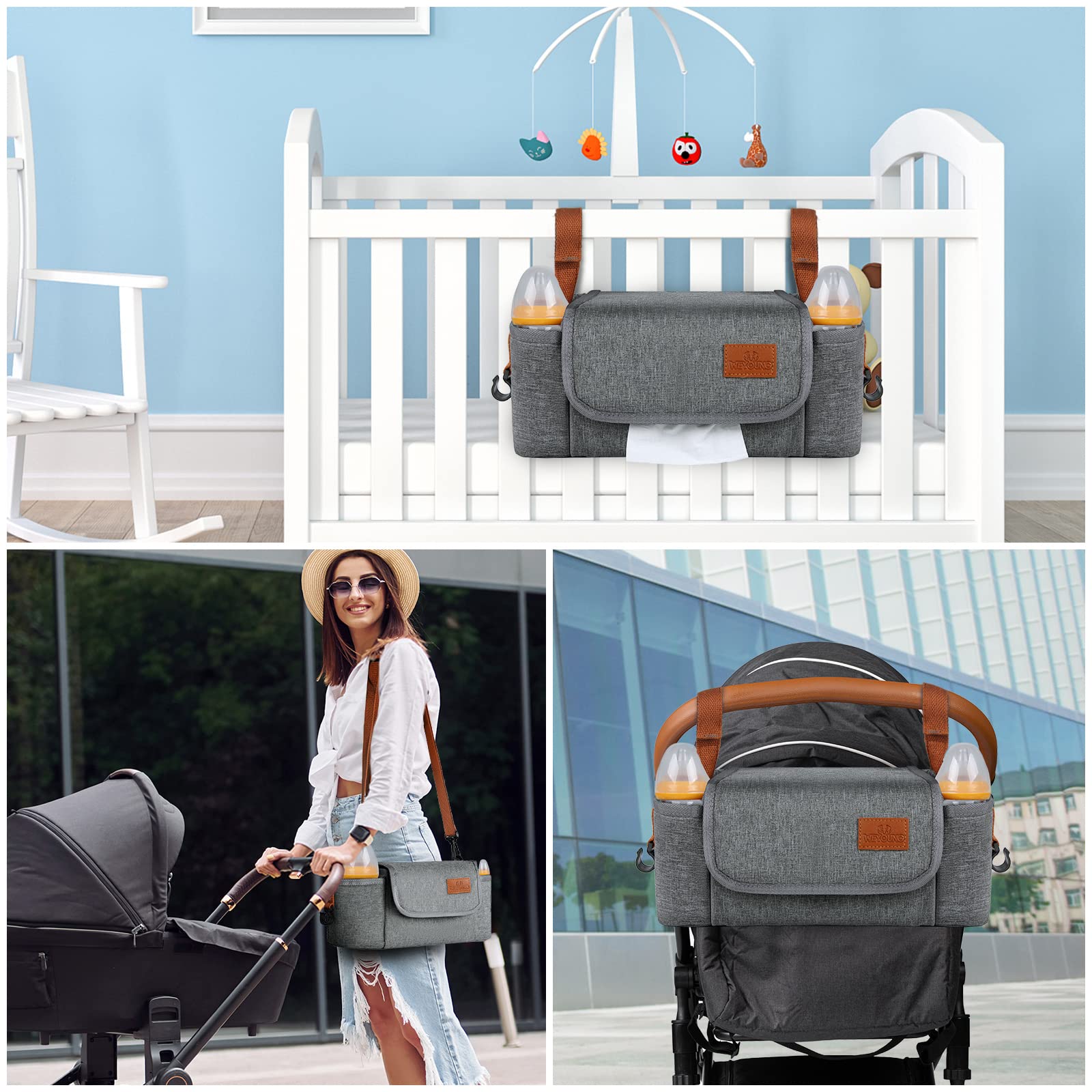 KTMOUW Sac de Rangement pour Poussette Universel Bébé Sac Organisateur Poussette Sac Landau Grande Capacité avec Bandoulière pour Couches Biberons Jouets Lingettes