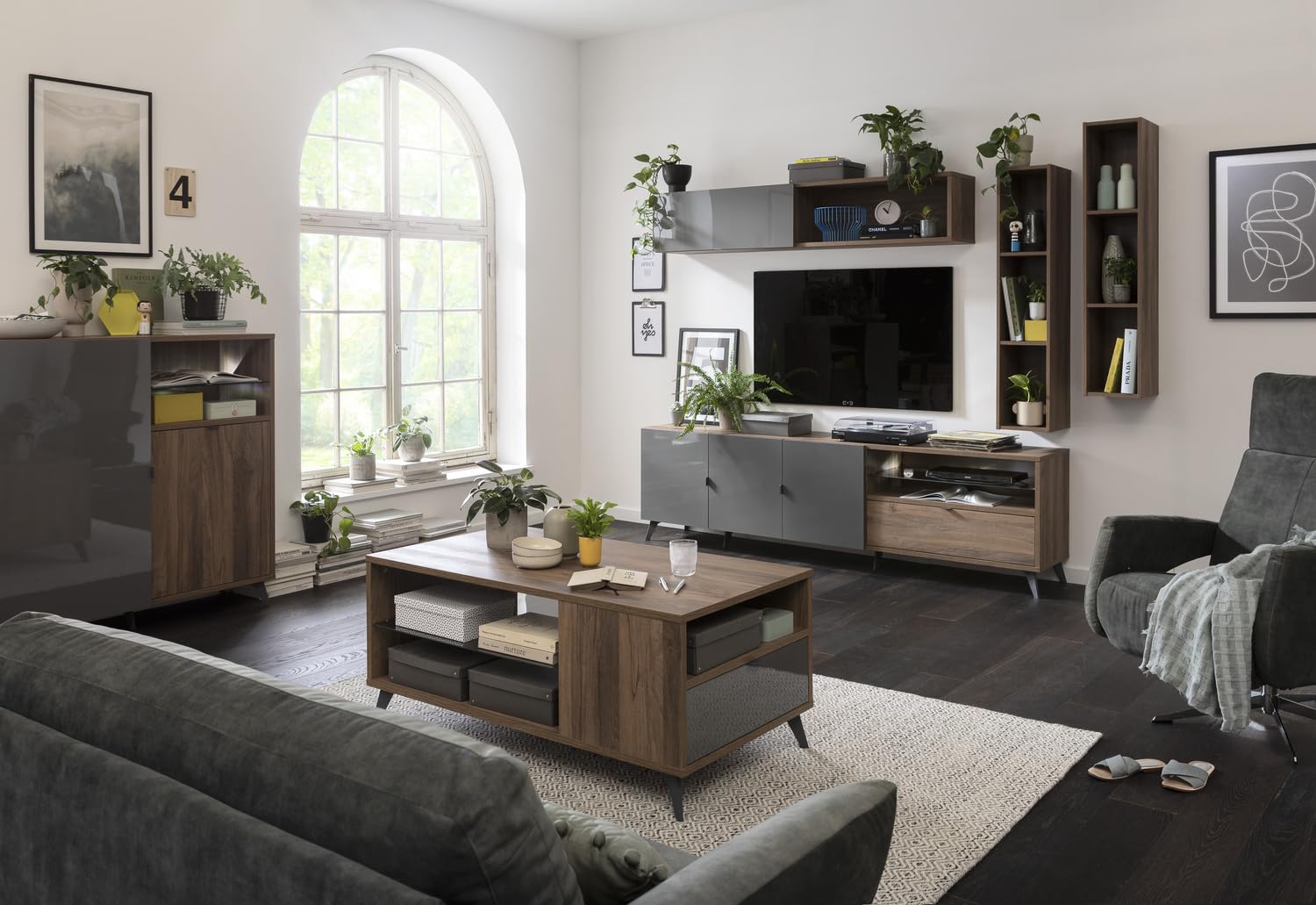 Composad | Soggiorno Completo della Linea INFINITO, set di 6 Mobili, Pensile, Mobile Porta TV, Madia, Tavolino da Salotto, Noce Brera e Grigio Titanio Laccato, Made in Italy
