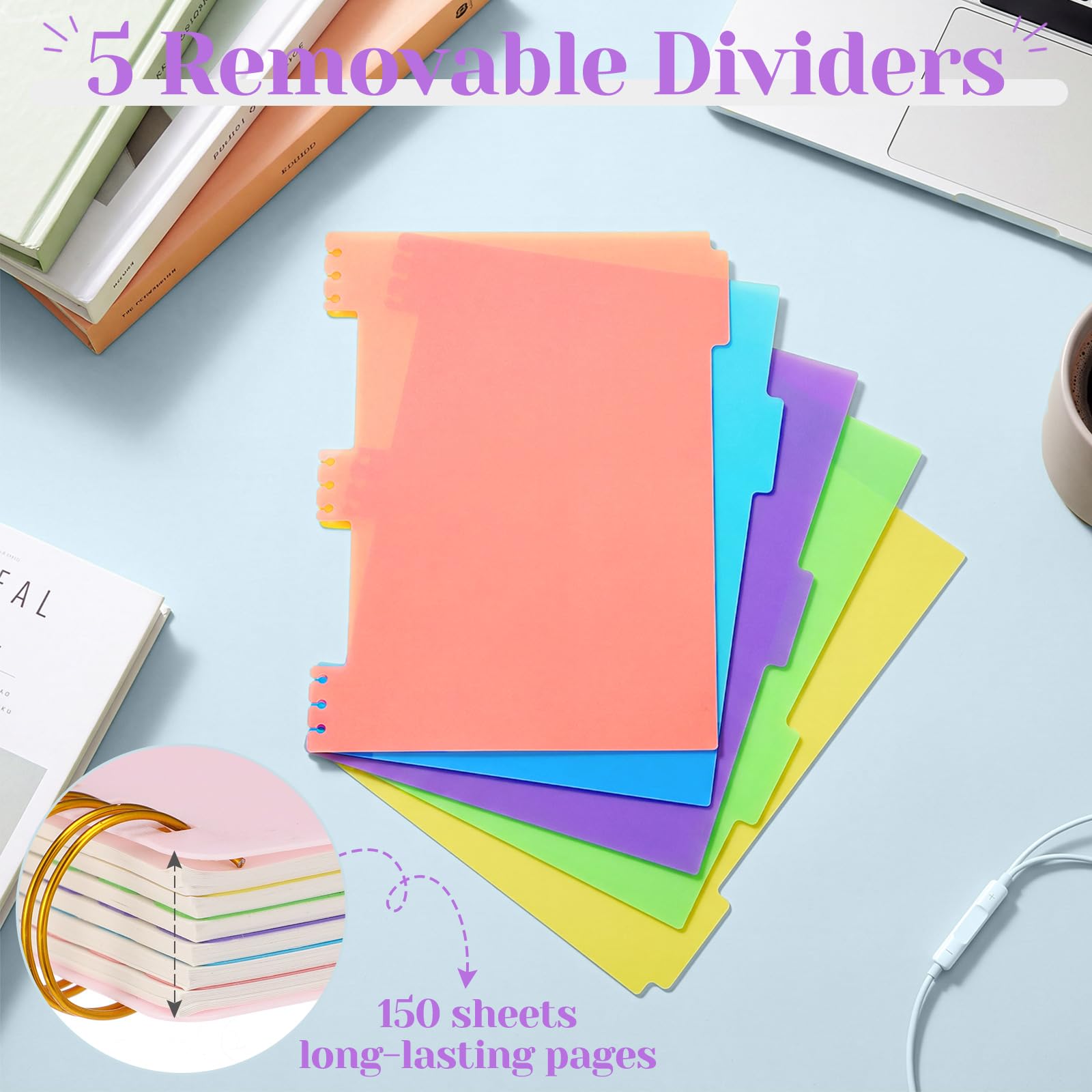 Resurhang 3 Pcs Spiral Notebook 5 Subject Notebooks Journal A4 8.5" x 11" with Removable Dividers College Ruled 300 Pages Thick Spiral Writing Journal for Women Men Work School, Purple Pink and Blue