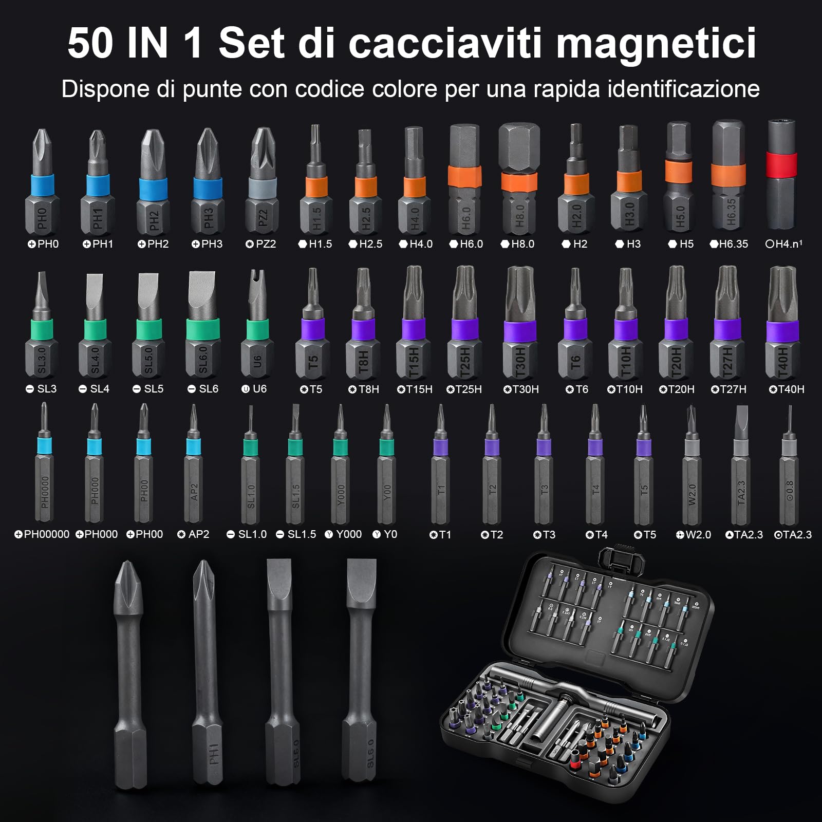Set cacciavite a cricchetto, 50 in 1 set cacciaviti magnetico, cacciavite S2 con cricchetto a 58 denti, manico a T rimovibile per viti di mobili, strumenti di precisione, strumenti di bicicletta, ecc
