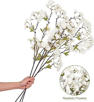 3 Pcs Artificial Flowers 90cm, Cherry Blossoms Branches (White)