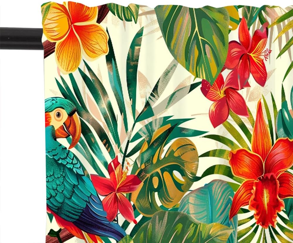 2 Panels Retro Rustic Parrot Curtain Valance for Windows, Tropical Palm Leaf Floral Rod Pocket Short Window Treatment Decor Drapes for Kitchen, Bathroom, 54" X 18"