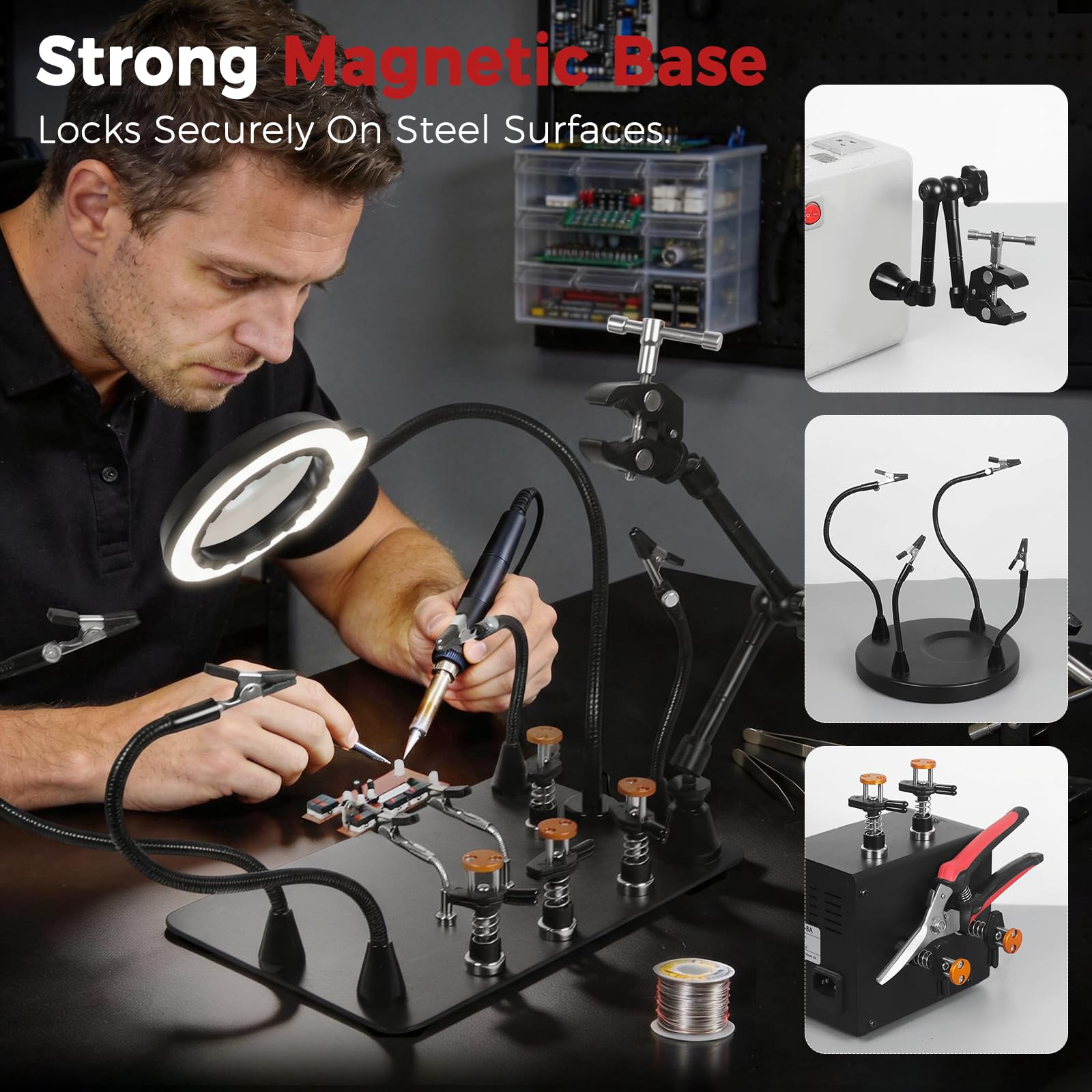 NOEVSBIG Stazione di saldatura Helping Hands con lampada di ingrandimento 5X, super morsetto a 360°, 4 morsetti a mano, bracci flessibili, strumento di terza mano per riparazione elettronica PCB fai