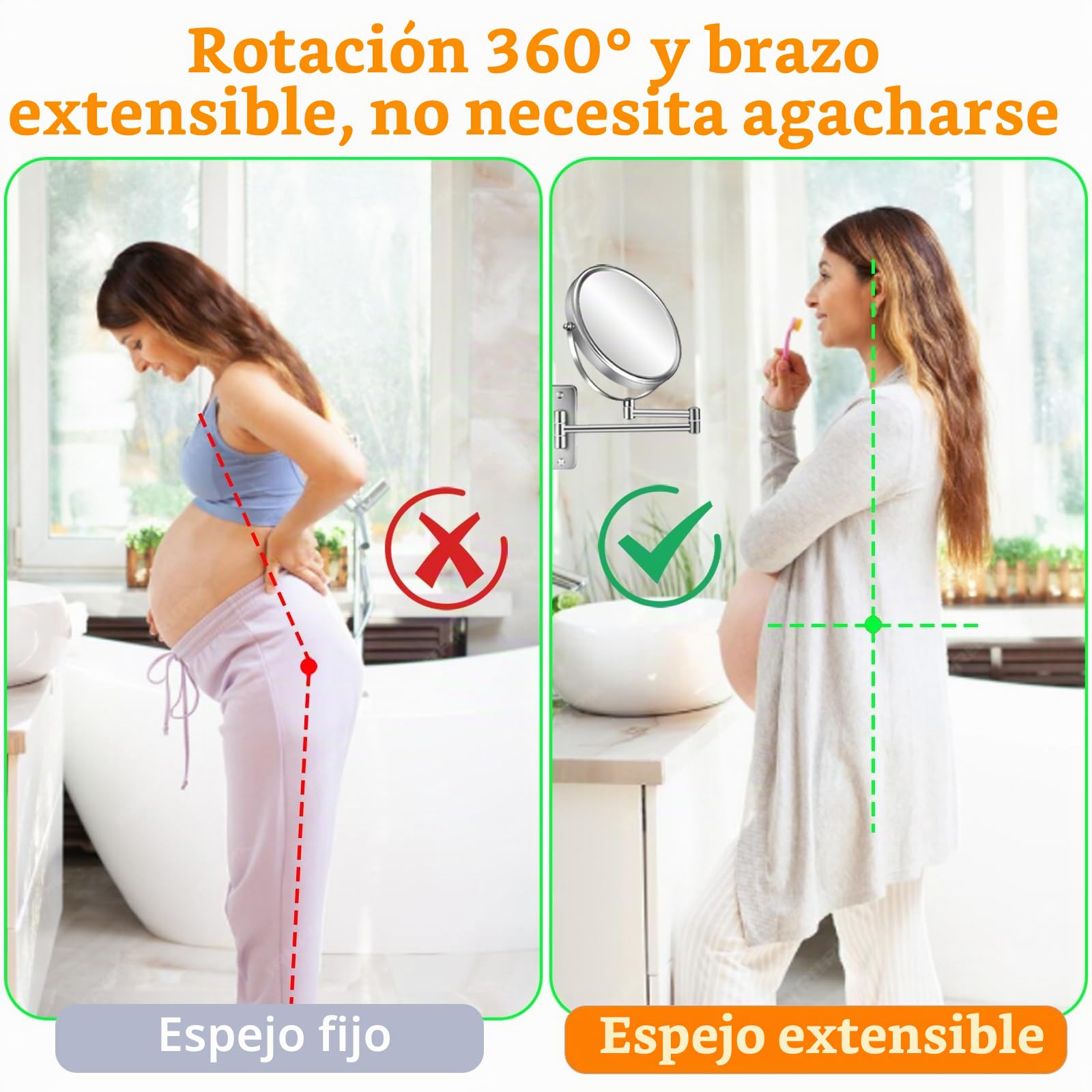 Espejo de Maquillaje de Aumento 10X Montado en Pared de 8" Doble Cara con Brazo Extensible Giratorio 360° para Baño y Hotel - Cromo