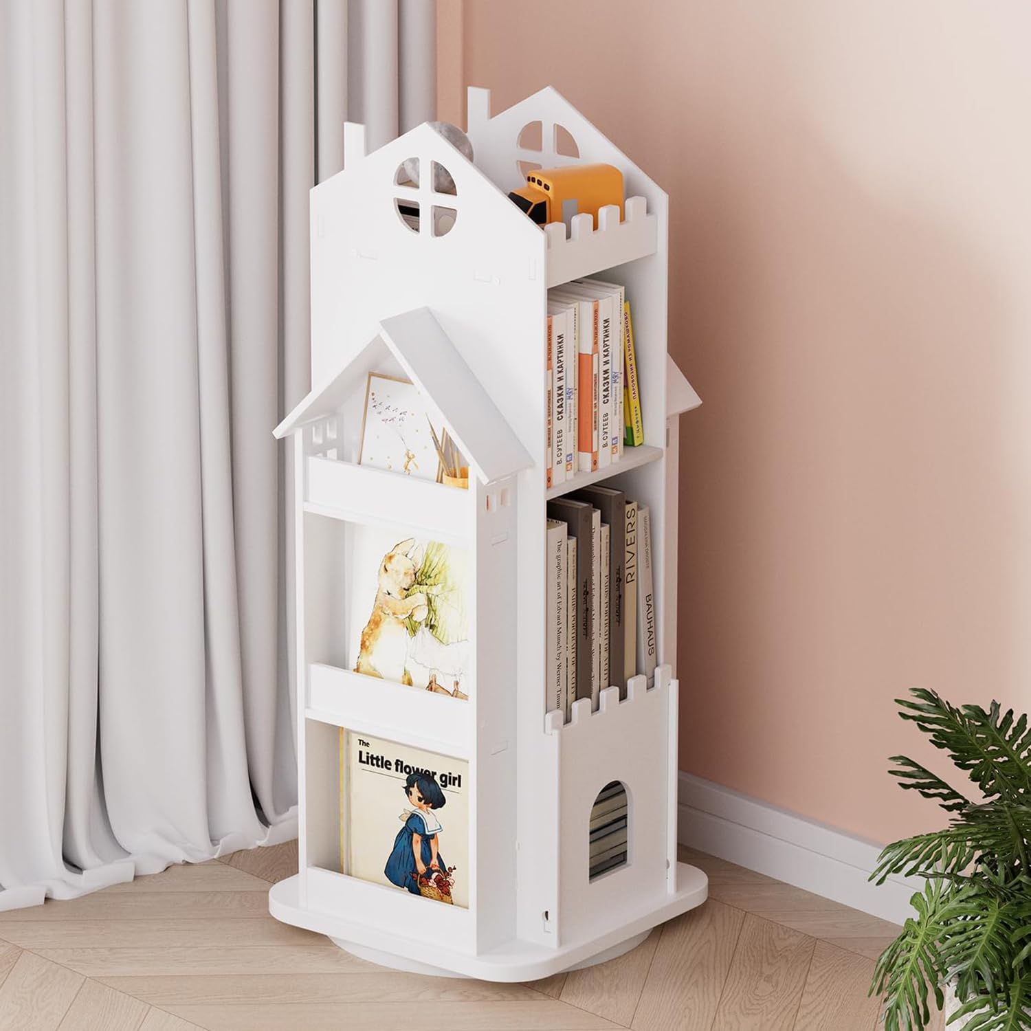 Nisorpa Bibliothèque rotative pour enfants en forme de maison, bibliothèque blanche pour enfants sur pied, bibliothèque château pour enfants