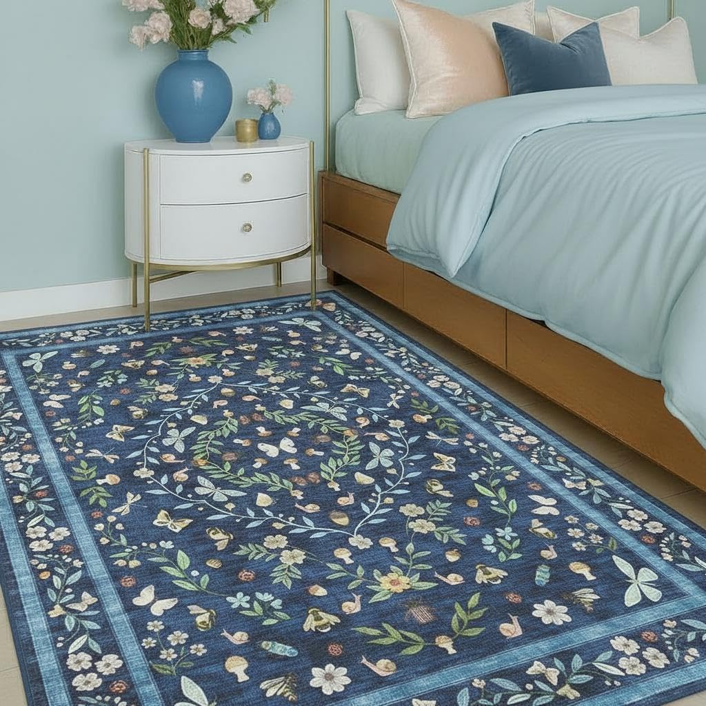 GarveeHome 5x7 Insect Butterfly Non Slip Area Rugs for Living Room Dining Room Bedroom Vintage Floral Machine Washable Soft Indoor Carpet Non-Shedding Stain Resistant Low Pile Rug, Blue