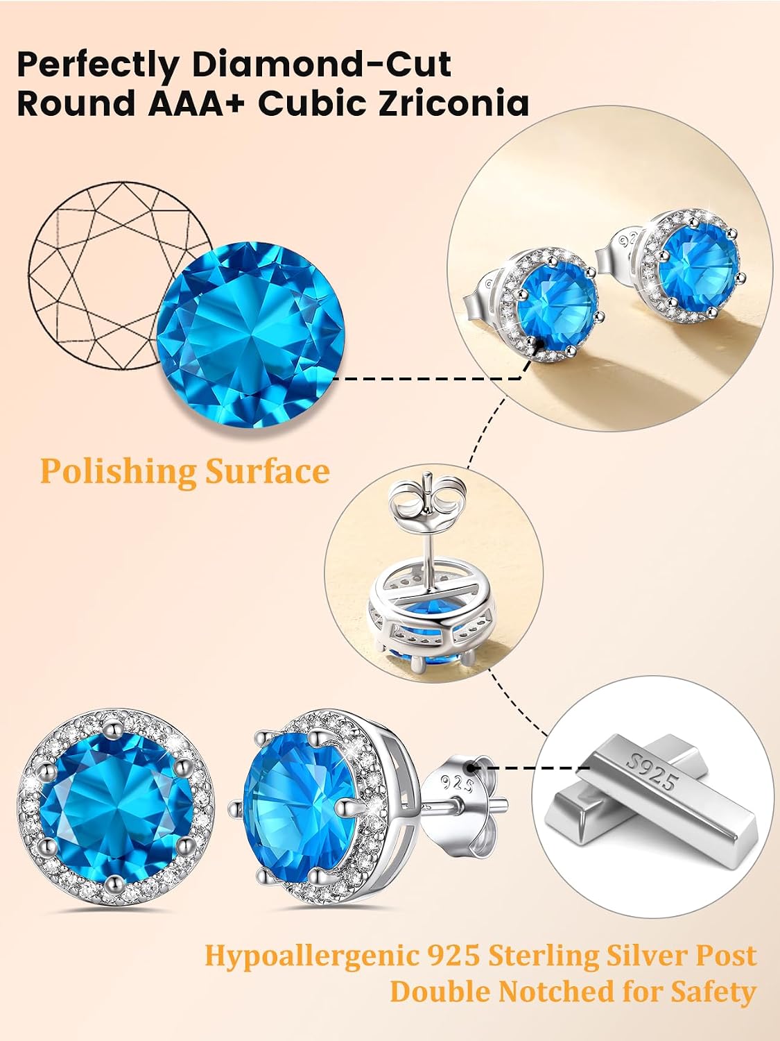 Bestyle Authentic 925 Sterling Silver 2 Carat Birthstone Earrings for Women, More Sparkle Heart/Round Solitaire Diamond Studs Earrings, Great Birthday/Christmas/Anniversary Jewelry for Wife Mother