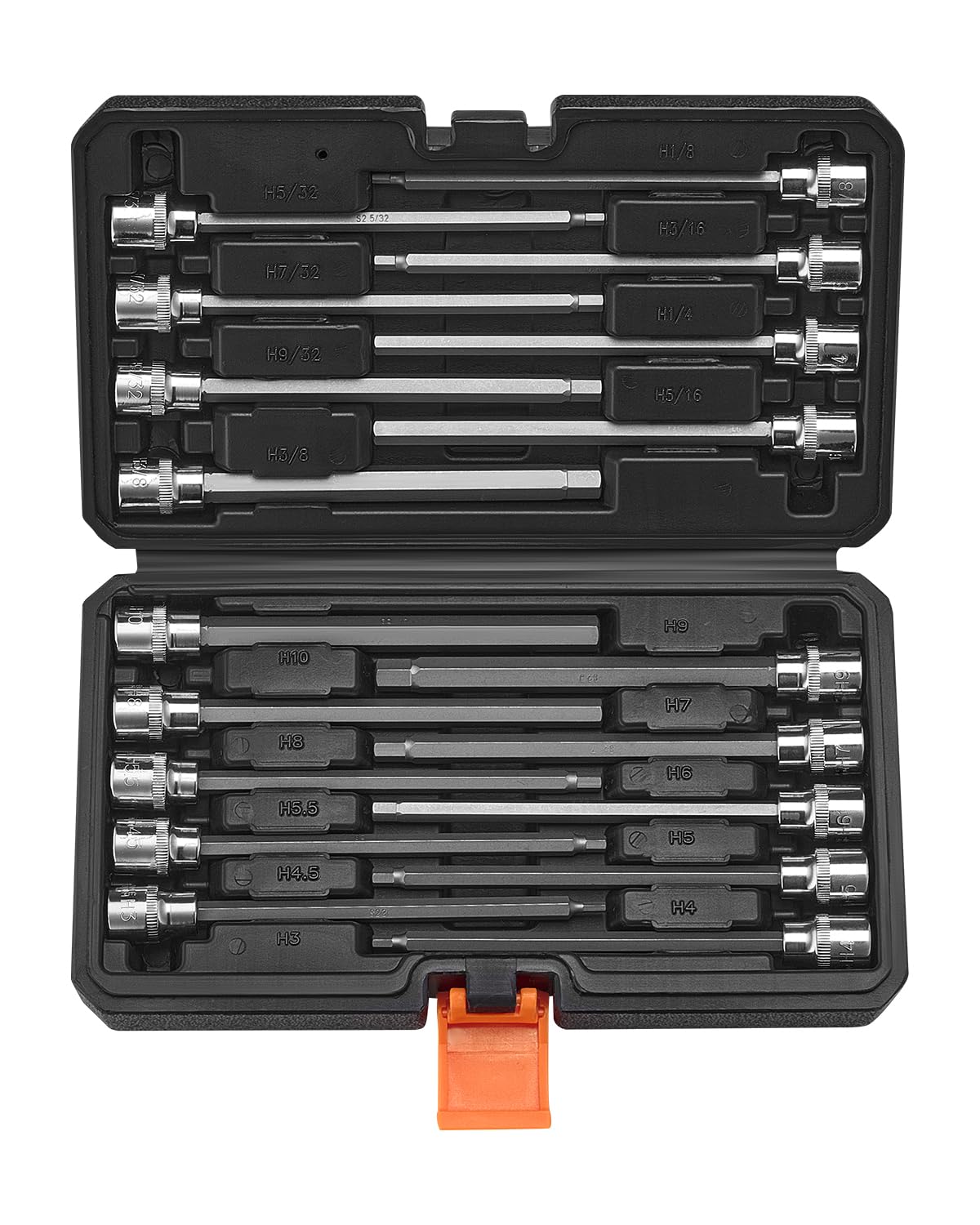 VEVOR Set di Chiavi a Bussola Esagonali Lunghe per Meccanici 18 Pezzi Attacco da 3/8 pollice in Acciaio Legato S2 Acciaio Cr-V, Standard SAE e Metrico da 1/8 pollice a 3/8 di pollice, 3-12 mm