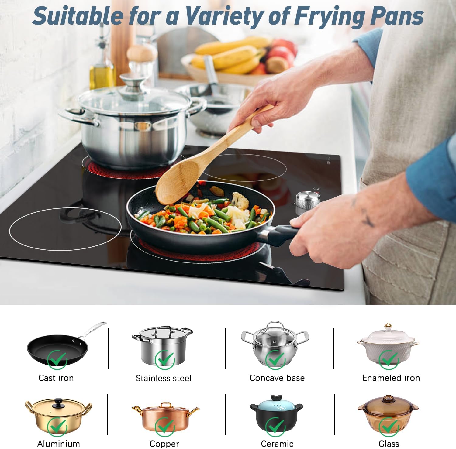 Noxton Electric Cooktop 24 Inch, Knob Control 4 Burners Electric Stovetop, Built-in Radiant Ceramic Stove, Residual Heat Indicator, Overheating protection, 6000W 220-240V Hard Wired (No Plug)