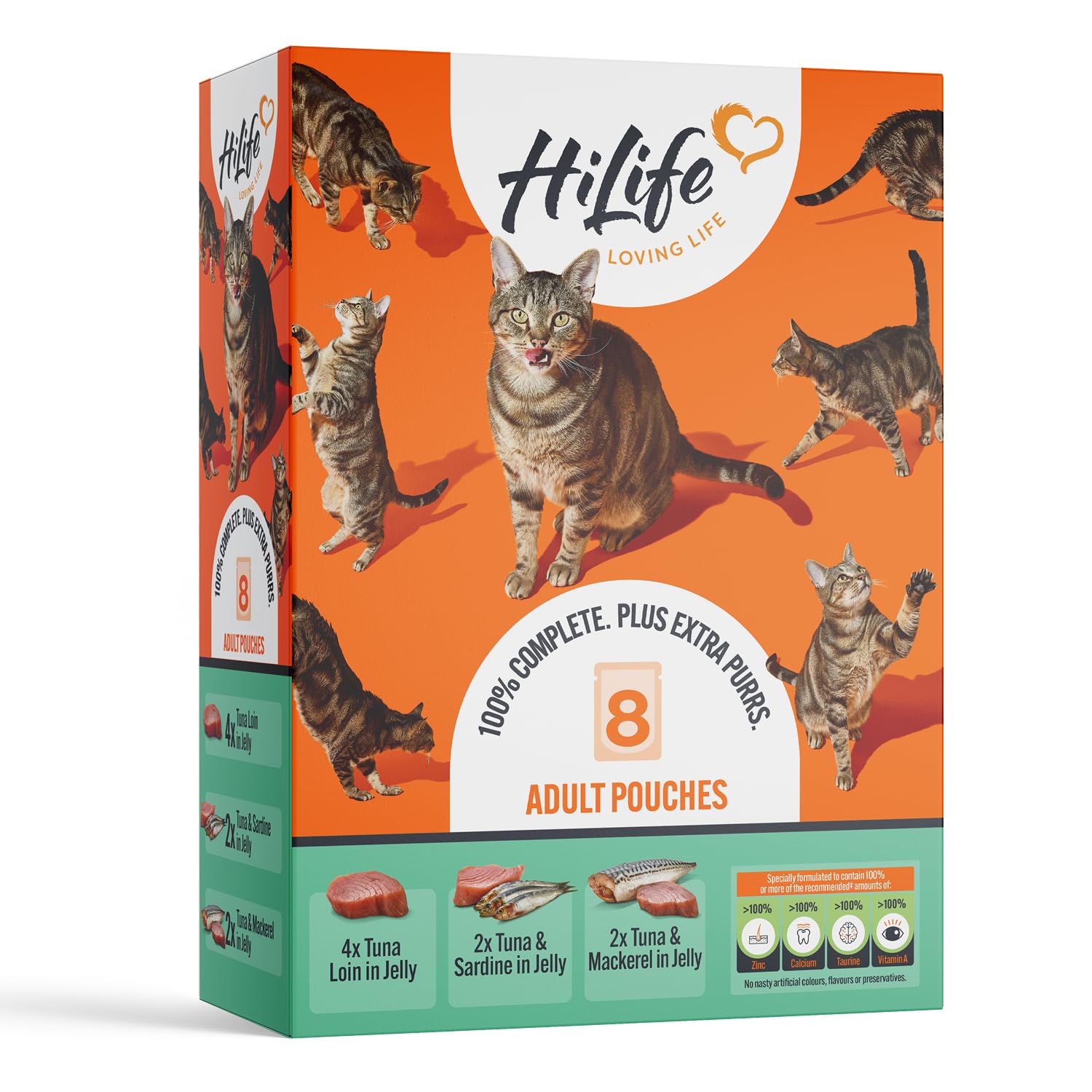 HiLife Adult Wet Cat Food, Mixed Seafood Recipes in Jelly, Complete Cat Food Pouches, 100% Natural & Grain Free, Tuna Loin / with Sardine / with Mackerel(8 x 70g Pouches)