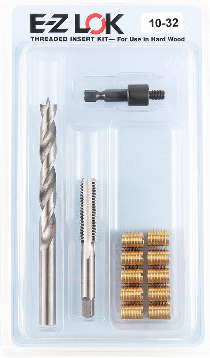 E-Z LOK Kit de herramientas de reparación de instalación de insertos roscados para madera dura - Incluye insertos de rosca de latón, taladro, grifo y herramienta de accionamiento 10-32 (EZ-T400-332)