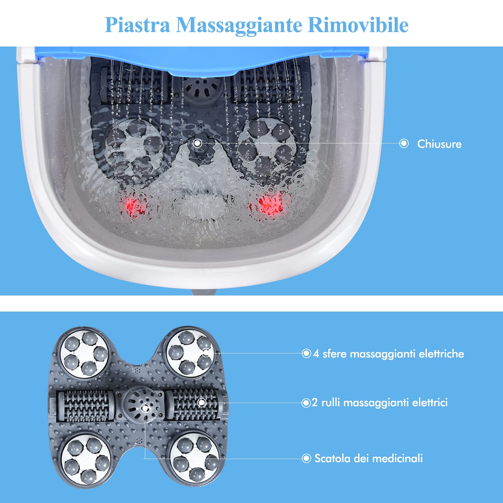 RELAX4LIFE 48 Pediluvio Massaggiatore Piedi Elettrico con Doccia, Riscaldamento Rapido e Mantenimento Temperatura, Sterilizzazione a Infrarossi e Timer 60min con Rotelle, Fino al 48