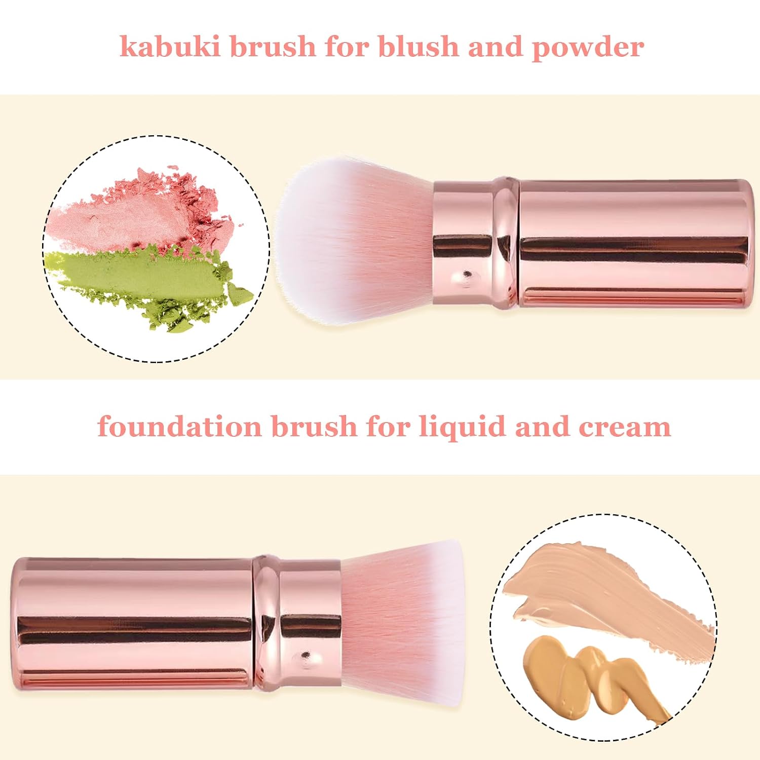 Retractable Makeup Brush 2 Pack, Travel Kabuki Face Makeup Brush | Powder Makeup Brushes for Blush, Liquid, Cream, Cosmetics, Loose Powder, Bronzer, with Aluminum Handle, Cover