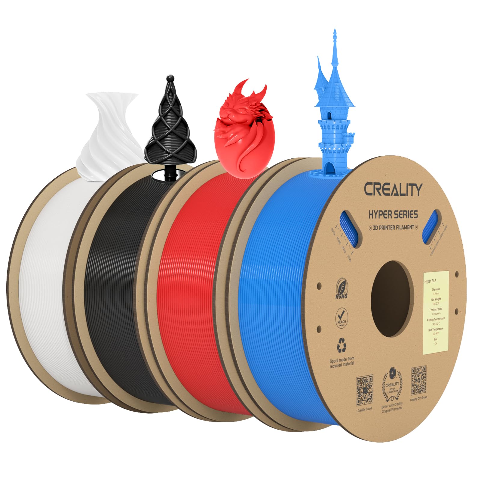 Creality Official Hyper PLA Filament Schwarz+Weiß+Blau+Rot 4KG, 3D Drucker Filament für Hochgeschwindigkeitsdruck und widerstandsfähig, glatt, Überhang Leistung Maßgenauigkeit +/-0.03mm, 4 Rollen